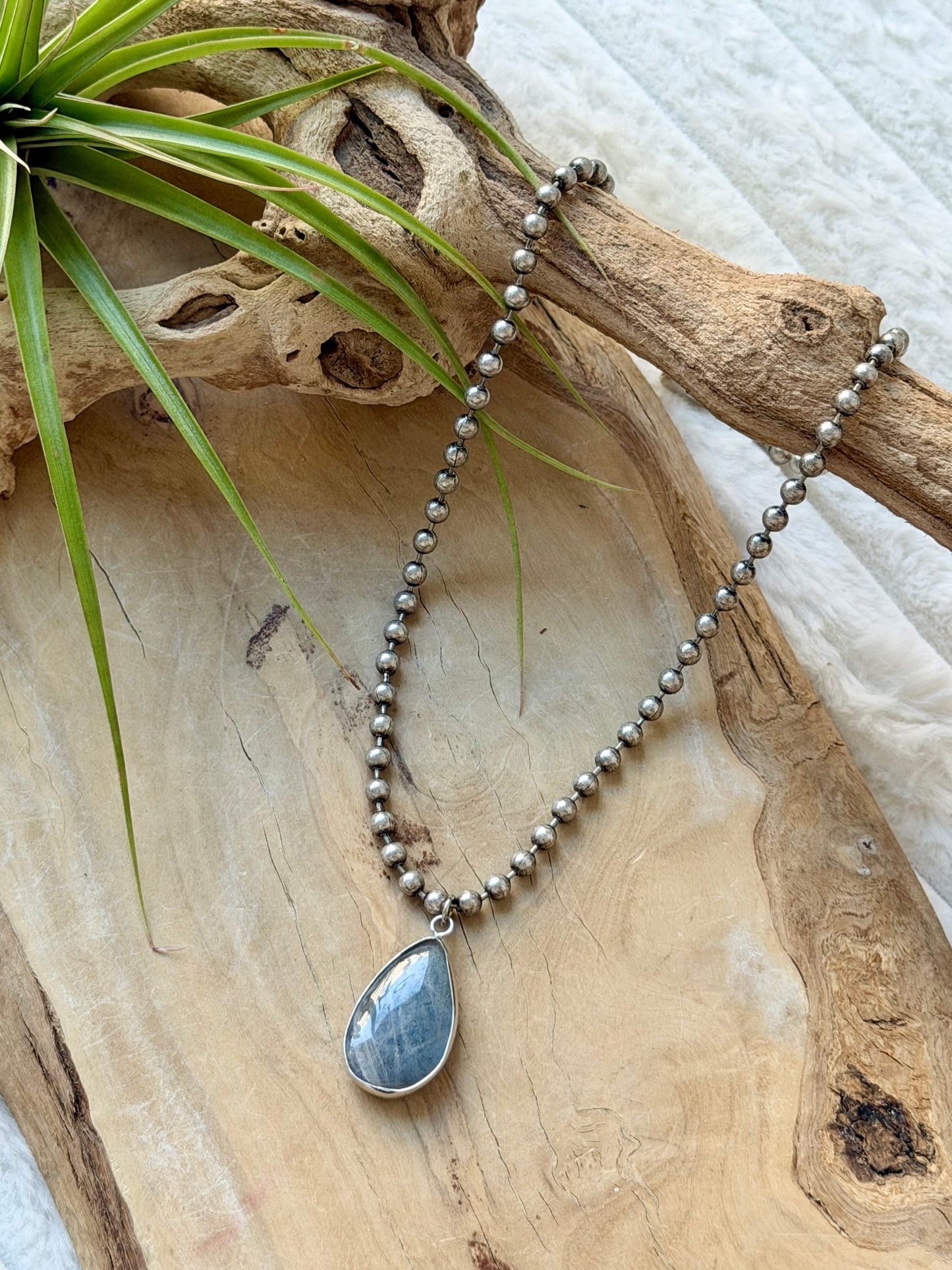 Labradorite + Antique Silver Ball Chain Necklace
