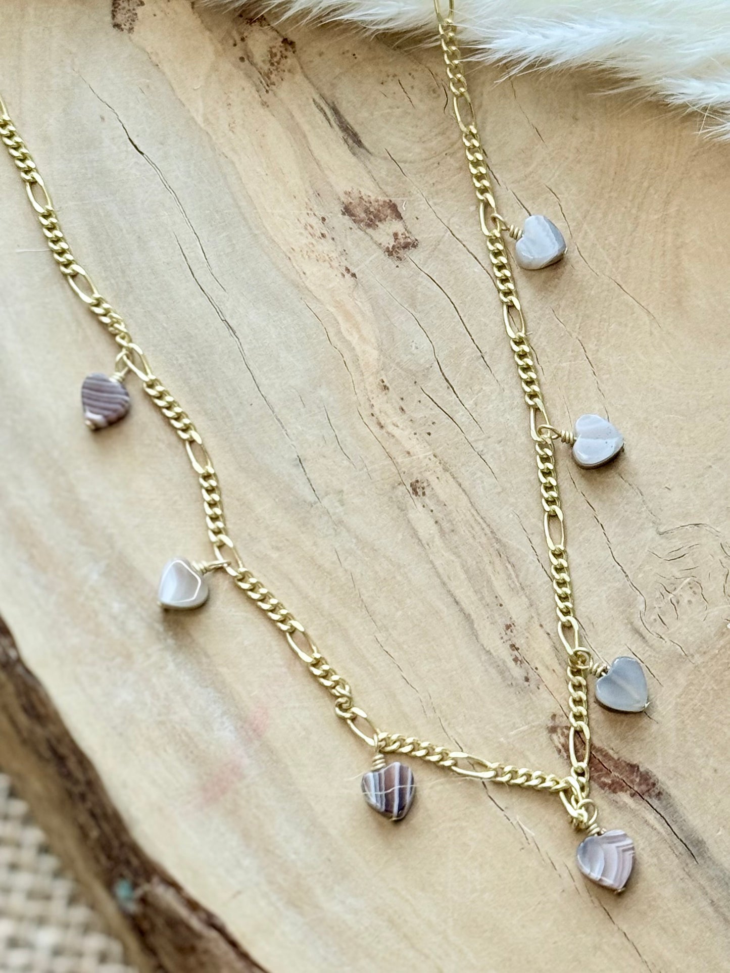 Botswana Agate Hearts + Matte Gold Necklace