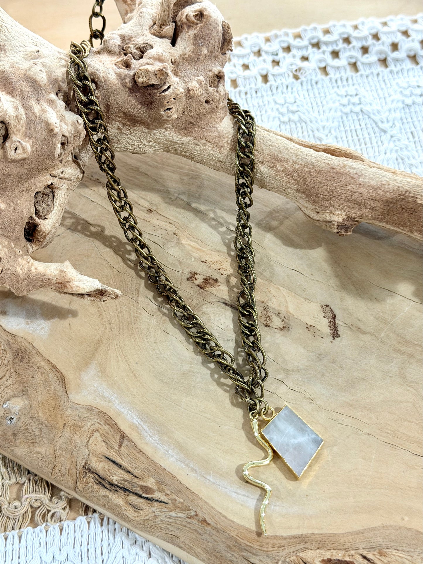 Rainbow Moonstone + Antique Brass Necklace