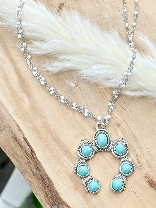 Turquoise + White Silver Squash Blossom Necklace