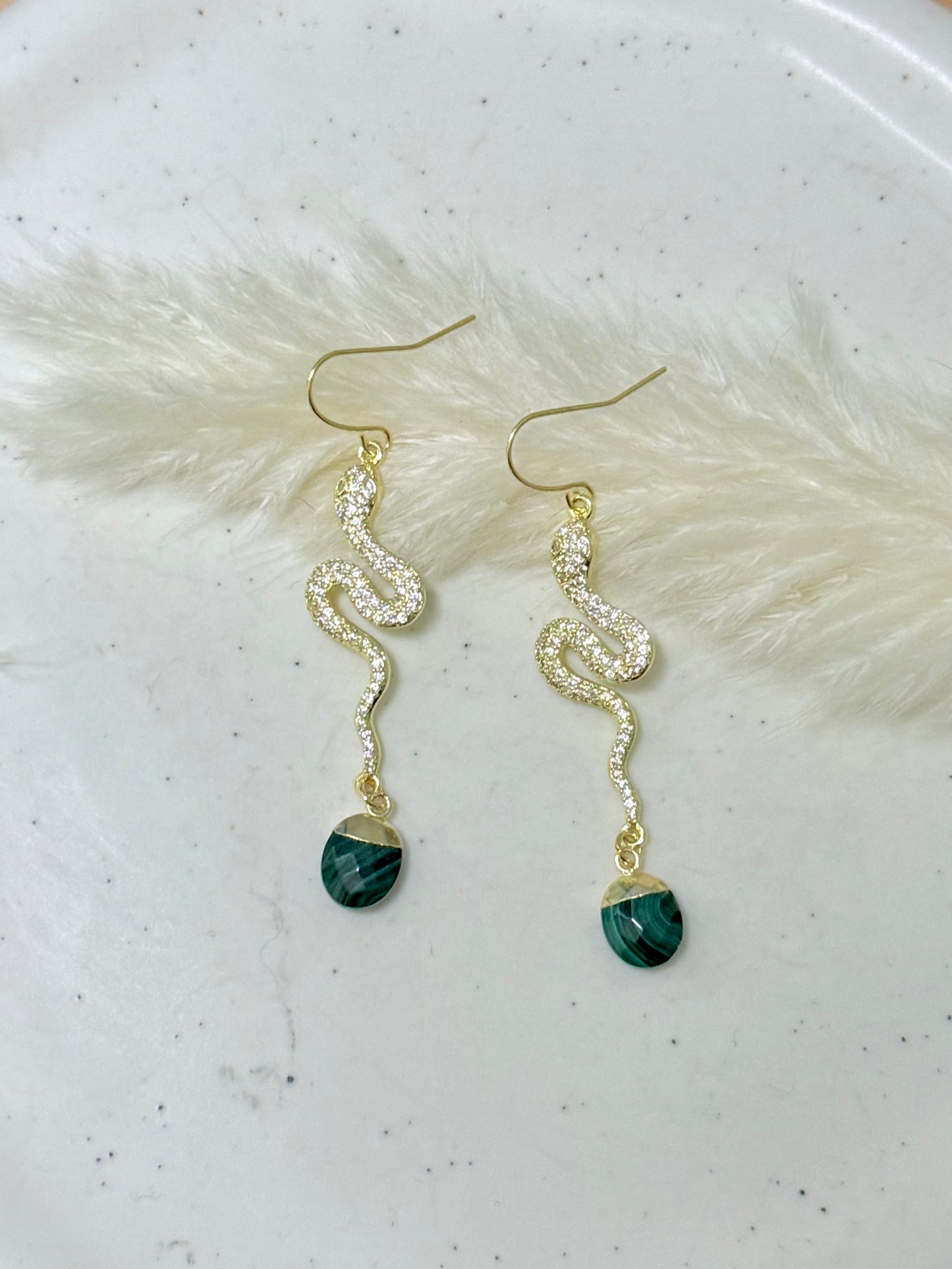 Malachite + Gold Crystal Snake Earrings