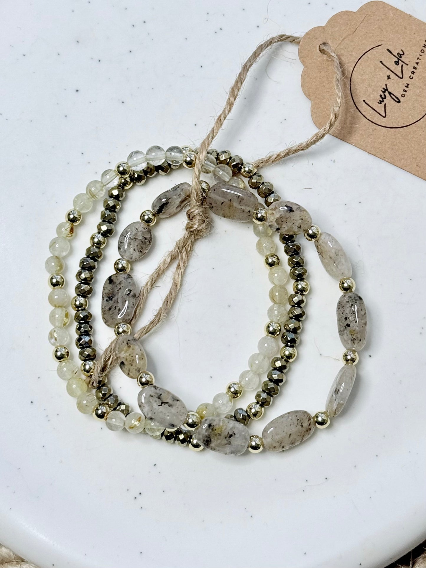 Moss Quartz + Hematite in Gold Stack (3-stack)