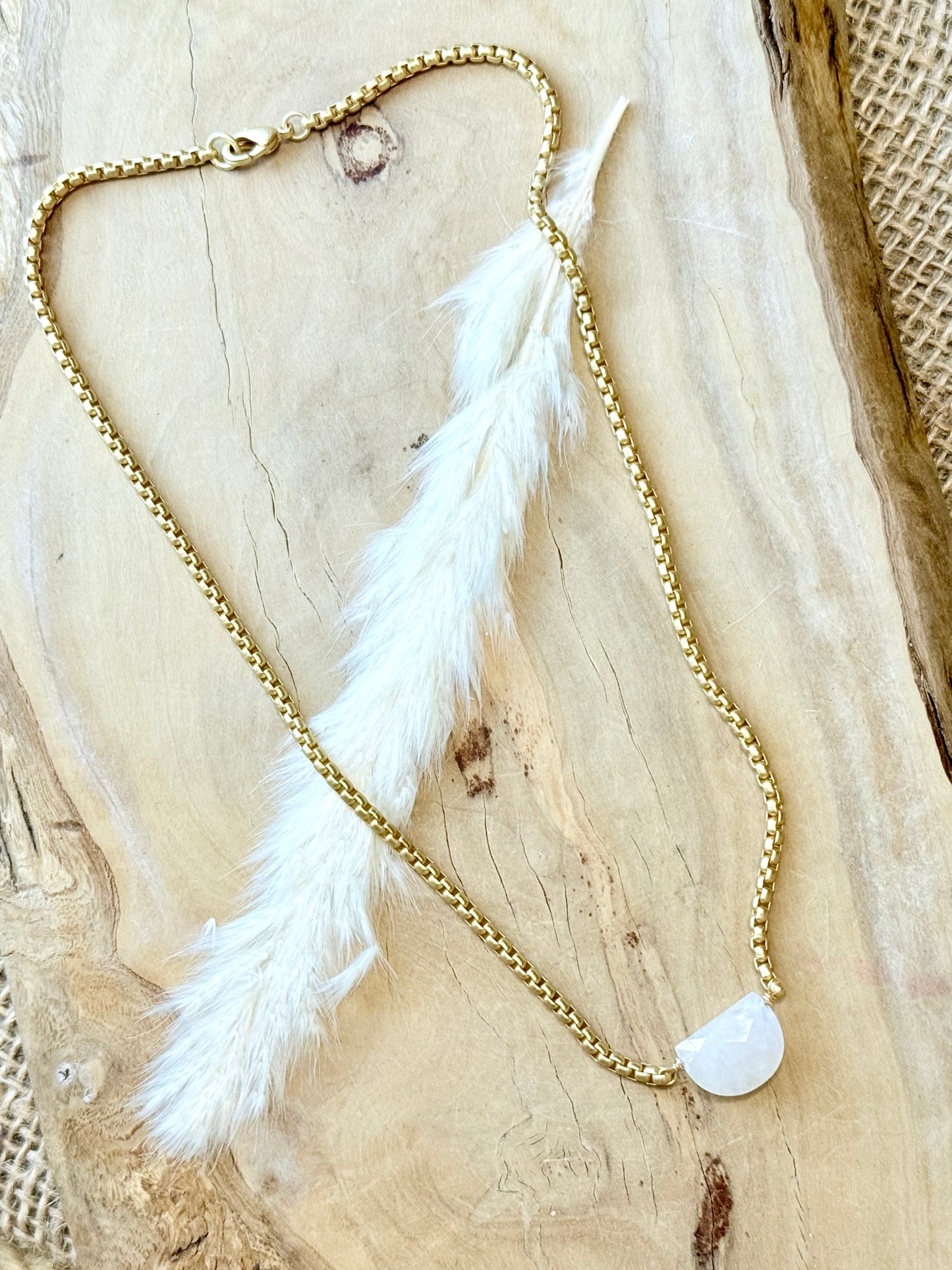 Rainbow Moonstone + Matte Gold Half Moon Necklace