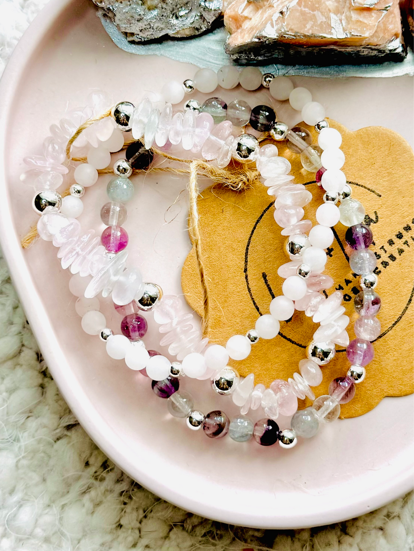 Rose Quartz + Fluorite in Silver (3-stack)