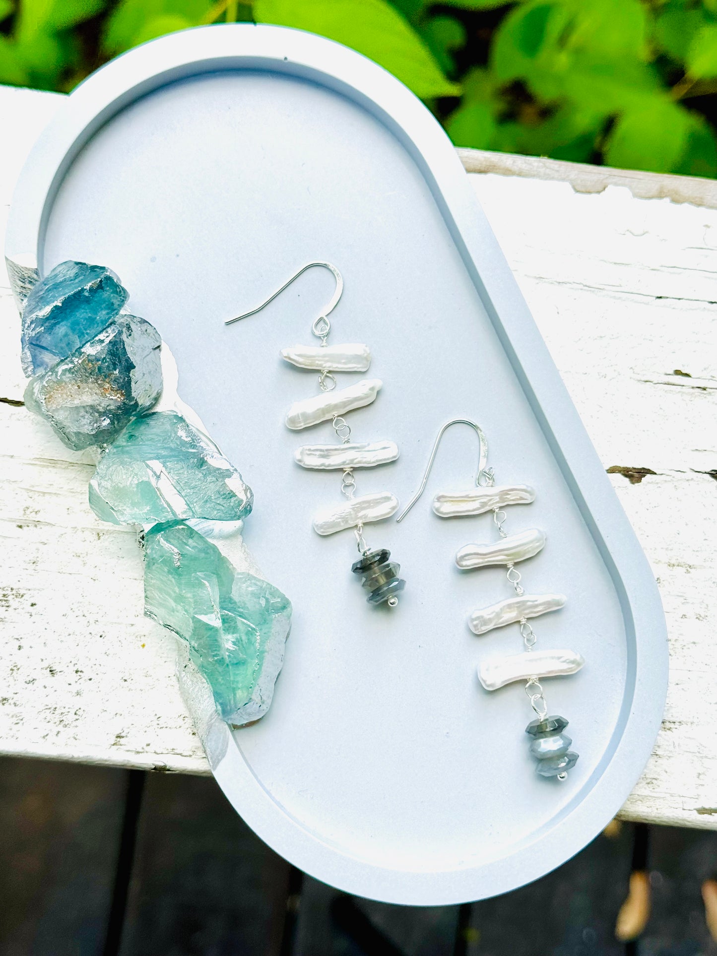 Freshwater Biwa Pearls + Gray Moonstone Silver Drop Earrings
