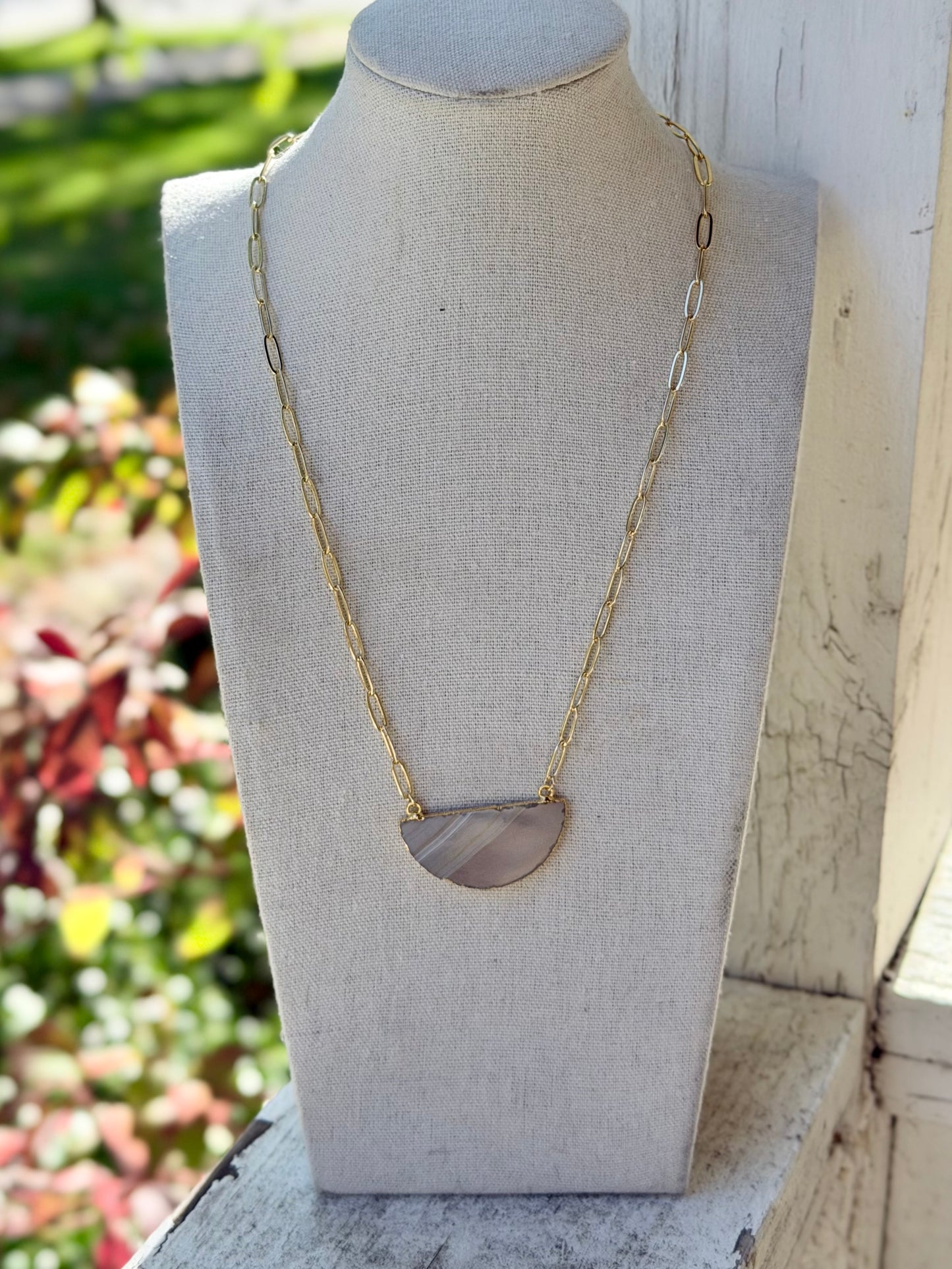 Agate Slice + Gold Stainless Steel Half Moon Necklace