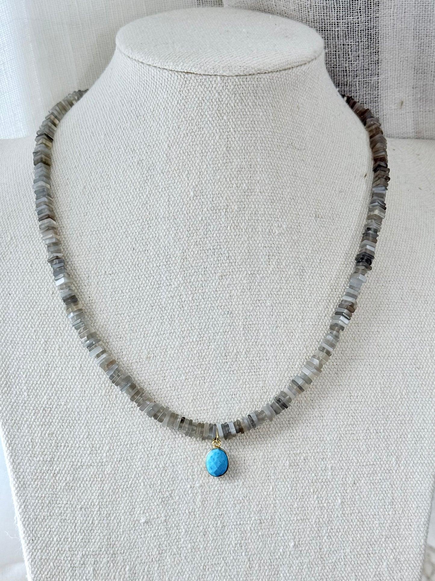 Gray Moonstone + Turquoise Gold Beaded Necklace