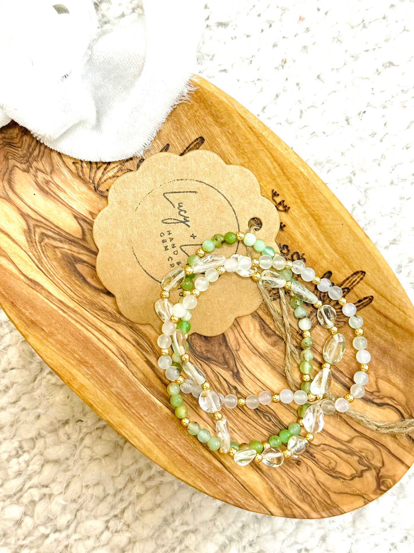 Chrysoprase, Green Amethyst + Moonstone in Gold (3-stack)