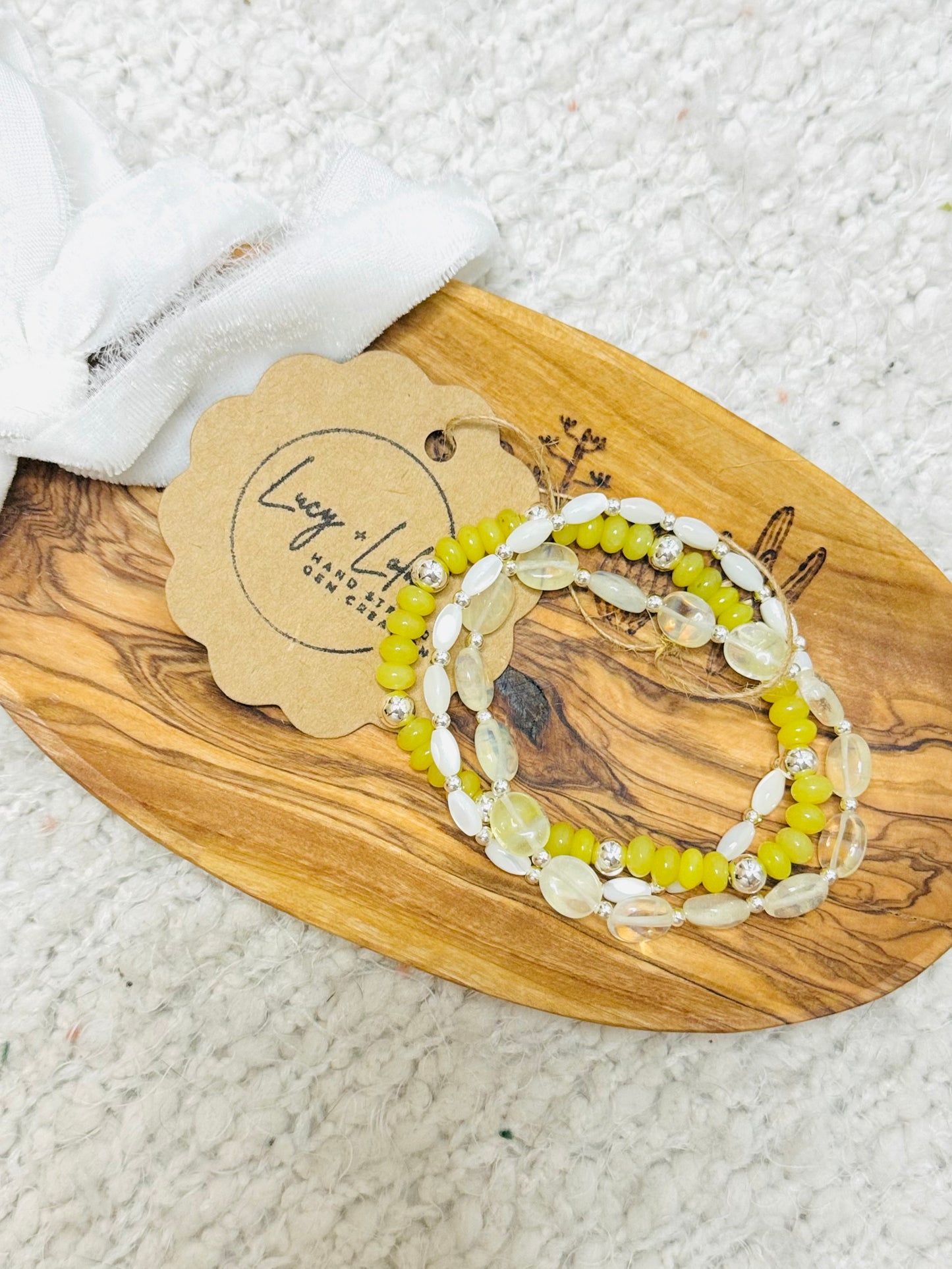 Olive Jade + White in Silver (3-stack)