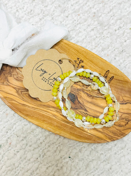 Olive Jade + White in Silver (3-stack)