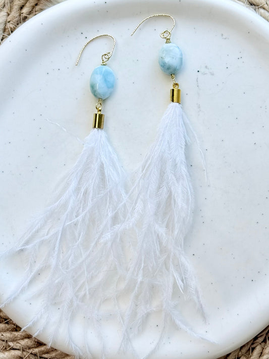 Larimar + Gold White Feather Earrings
