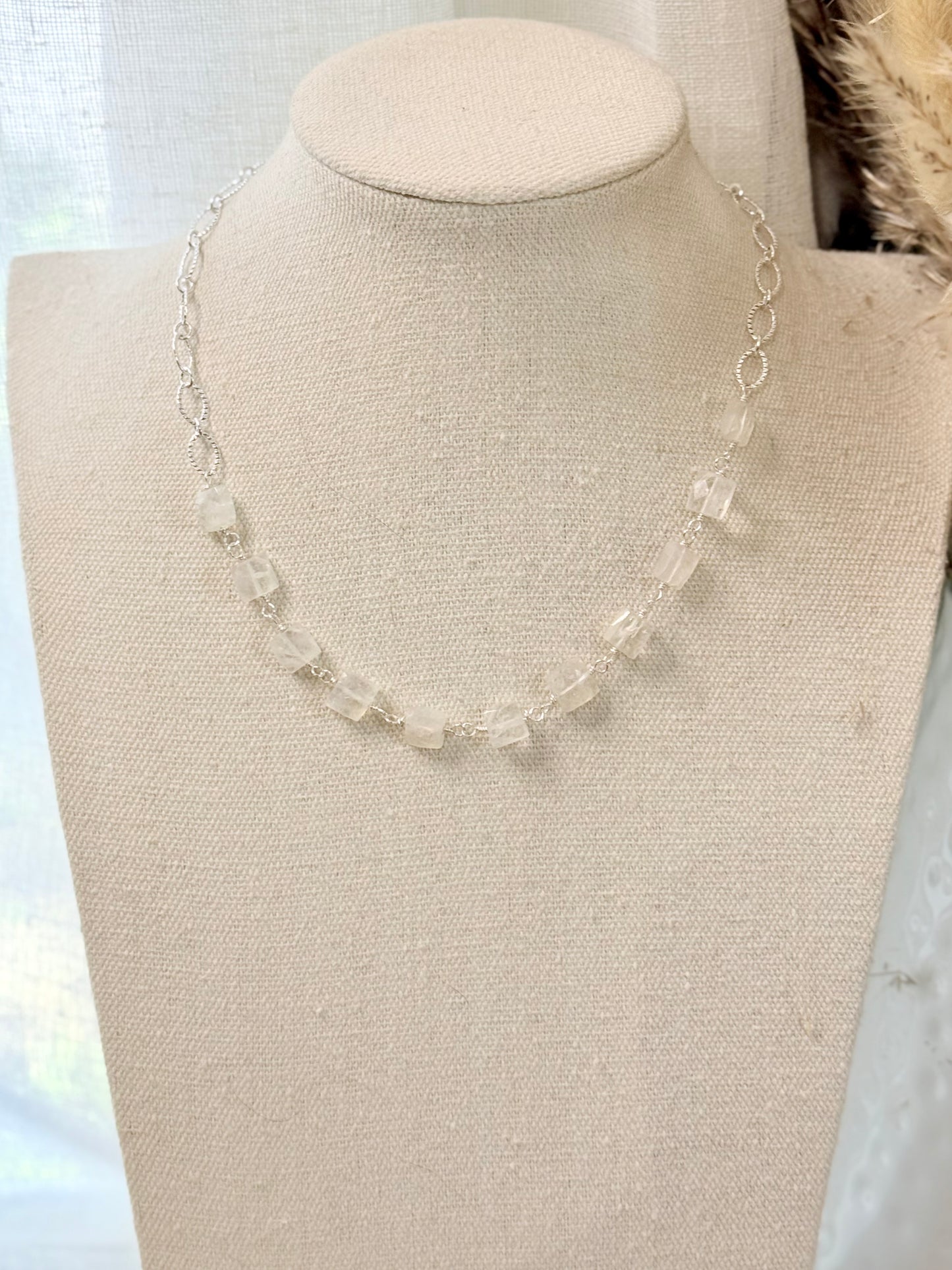 Rainbow Moonstone + Silver Square Necklace