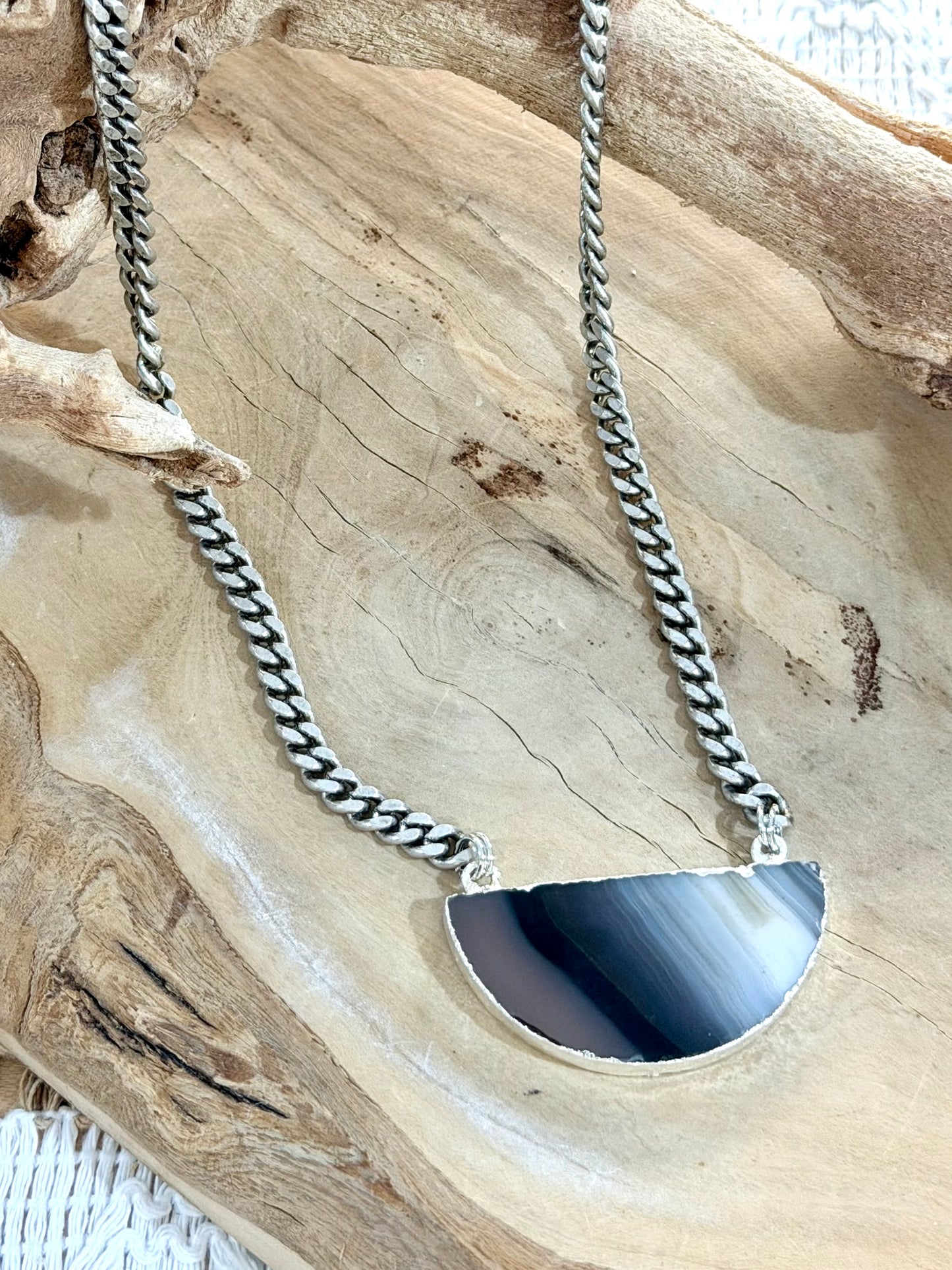 Agate + Antique Silver Pendant Necklace