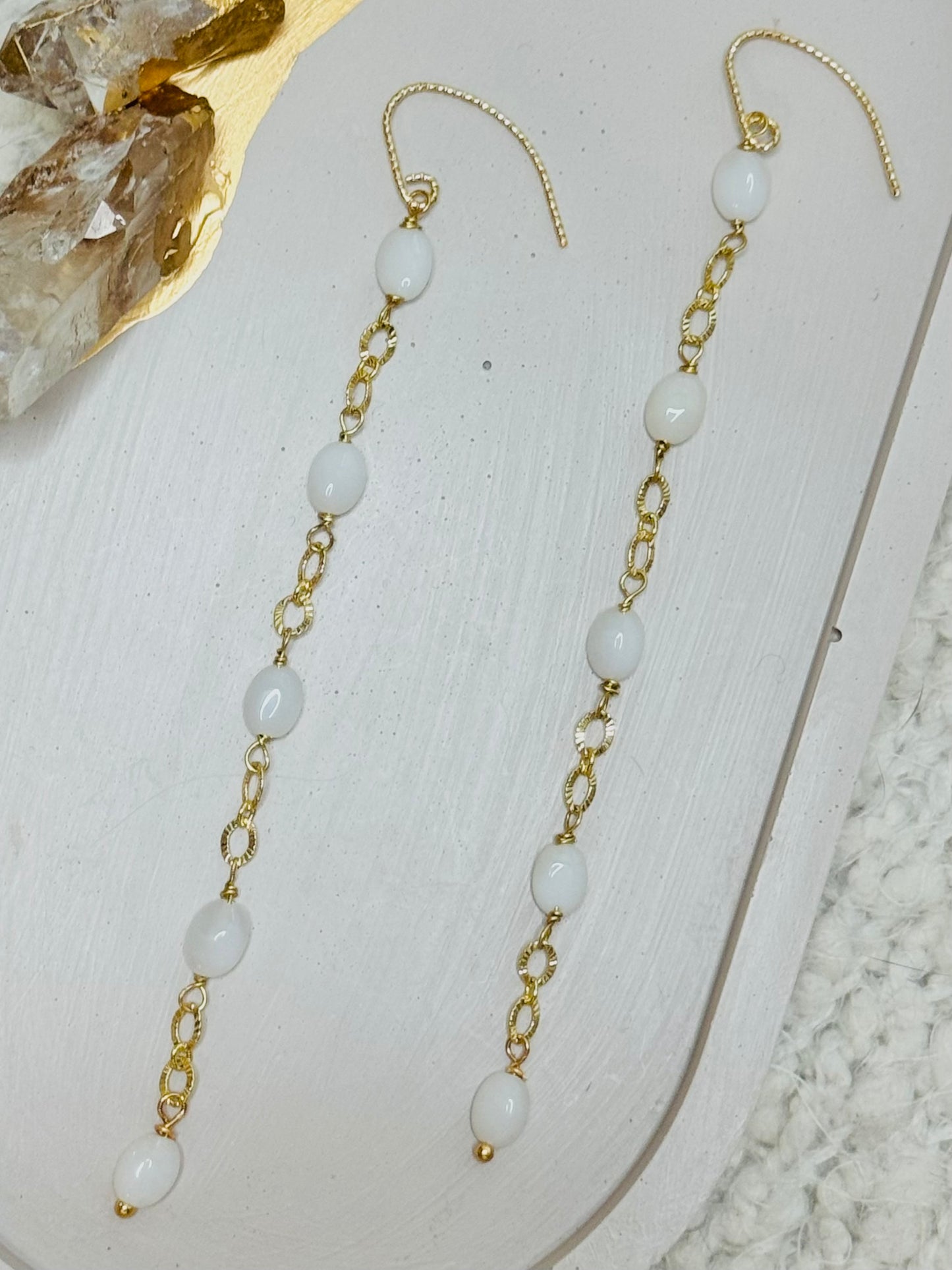 White Opal + Gold Drop Earrings
