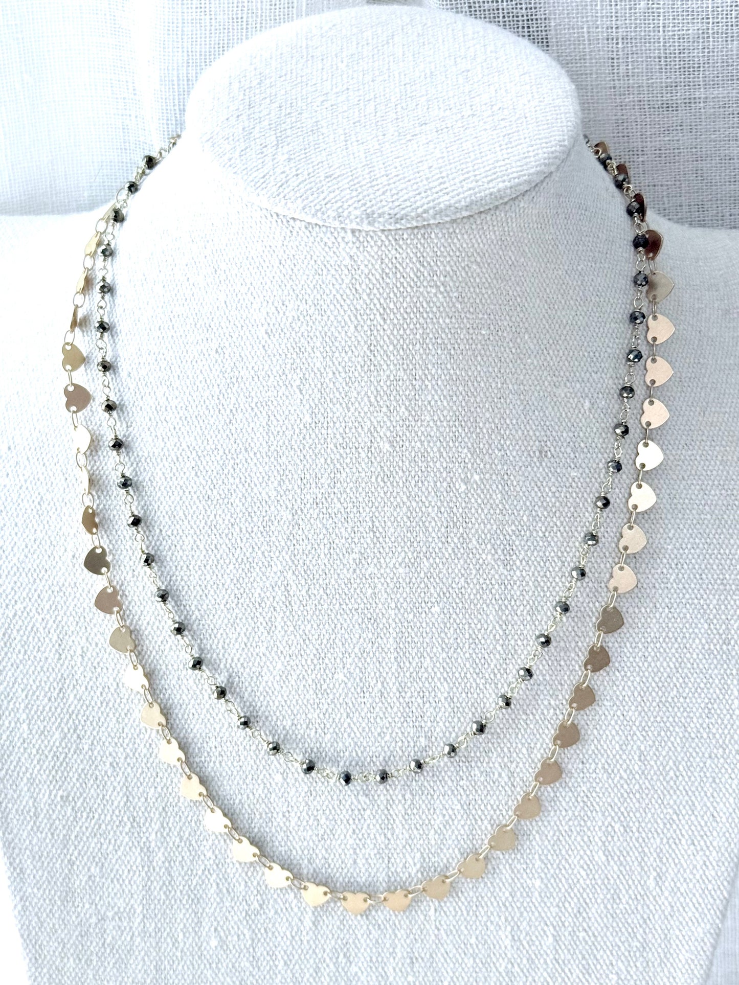 Pyrite + Matte Gold Heart Duet Necklace