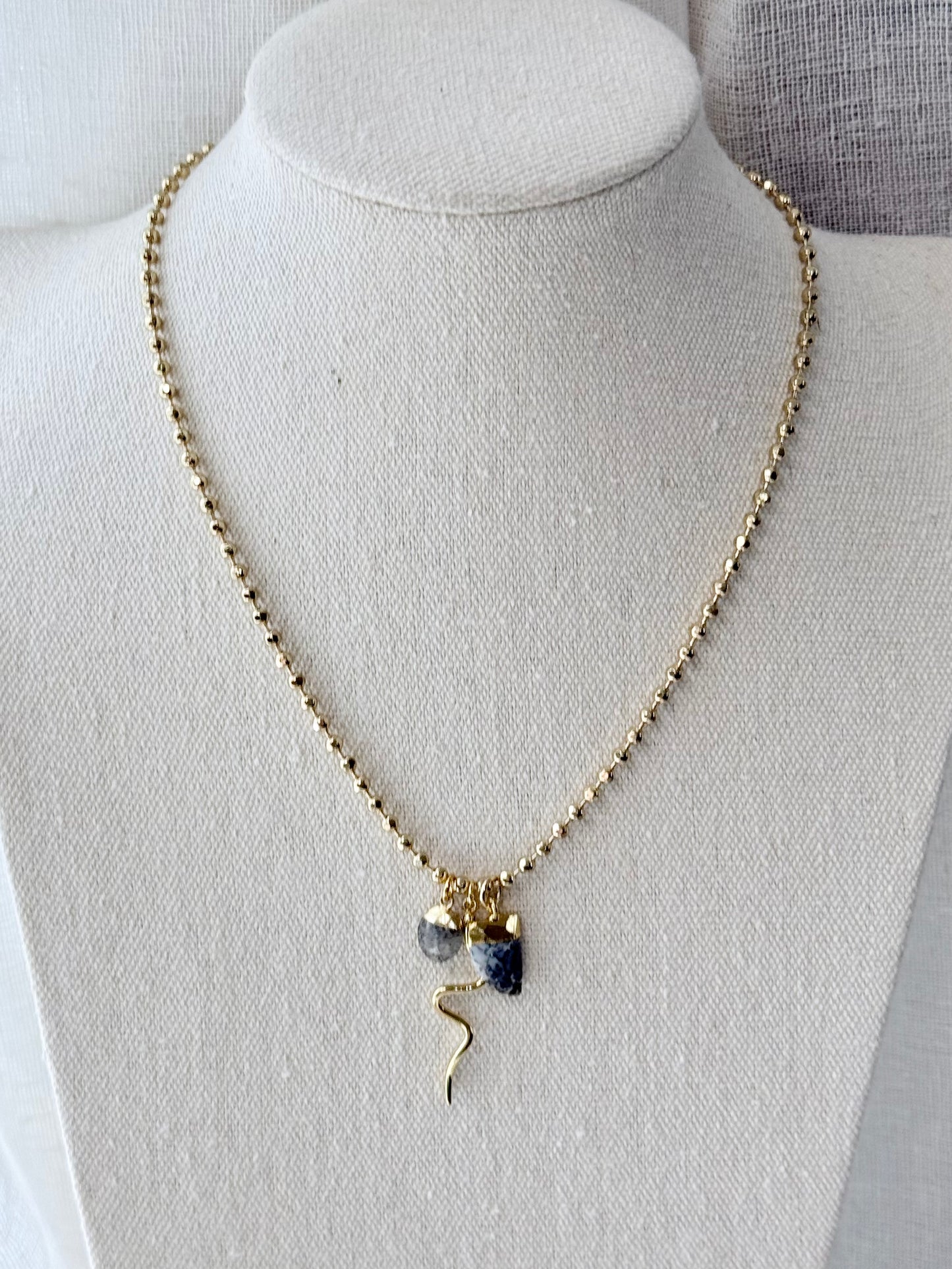 Opal + Black Sunstone Gold Snake Necklace