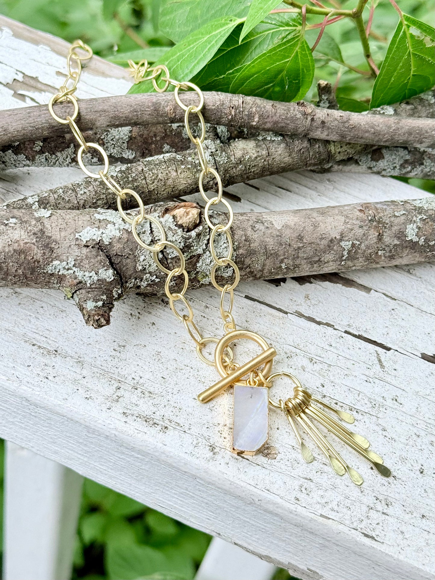 Rainbow Moonstone + Gold Charm Toggle Necklace