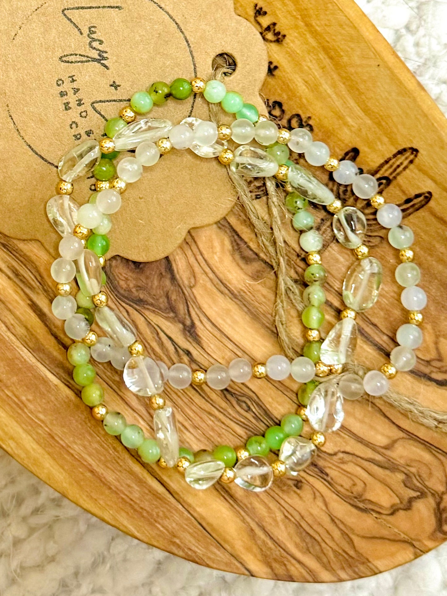 Chrysoprase, Green Amethyst + Moonstone in Gold (3-stack)