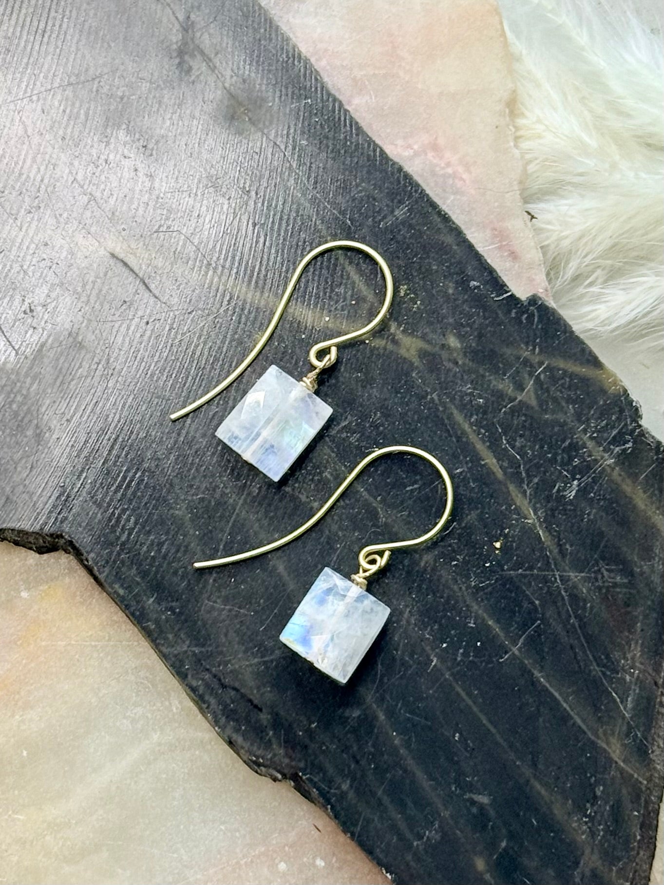 Square Rainbow Moonstone + Matte Gold Earrings
