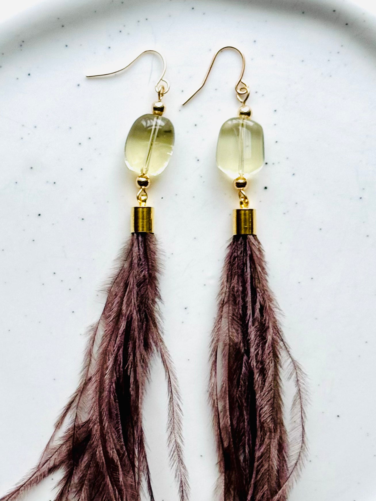 Smoky Lemon Quartz + Gold Brown Feather Earrings