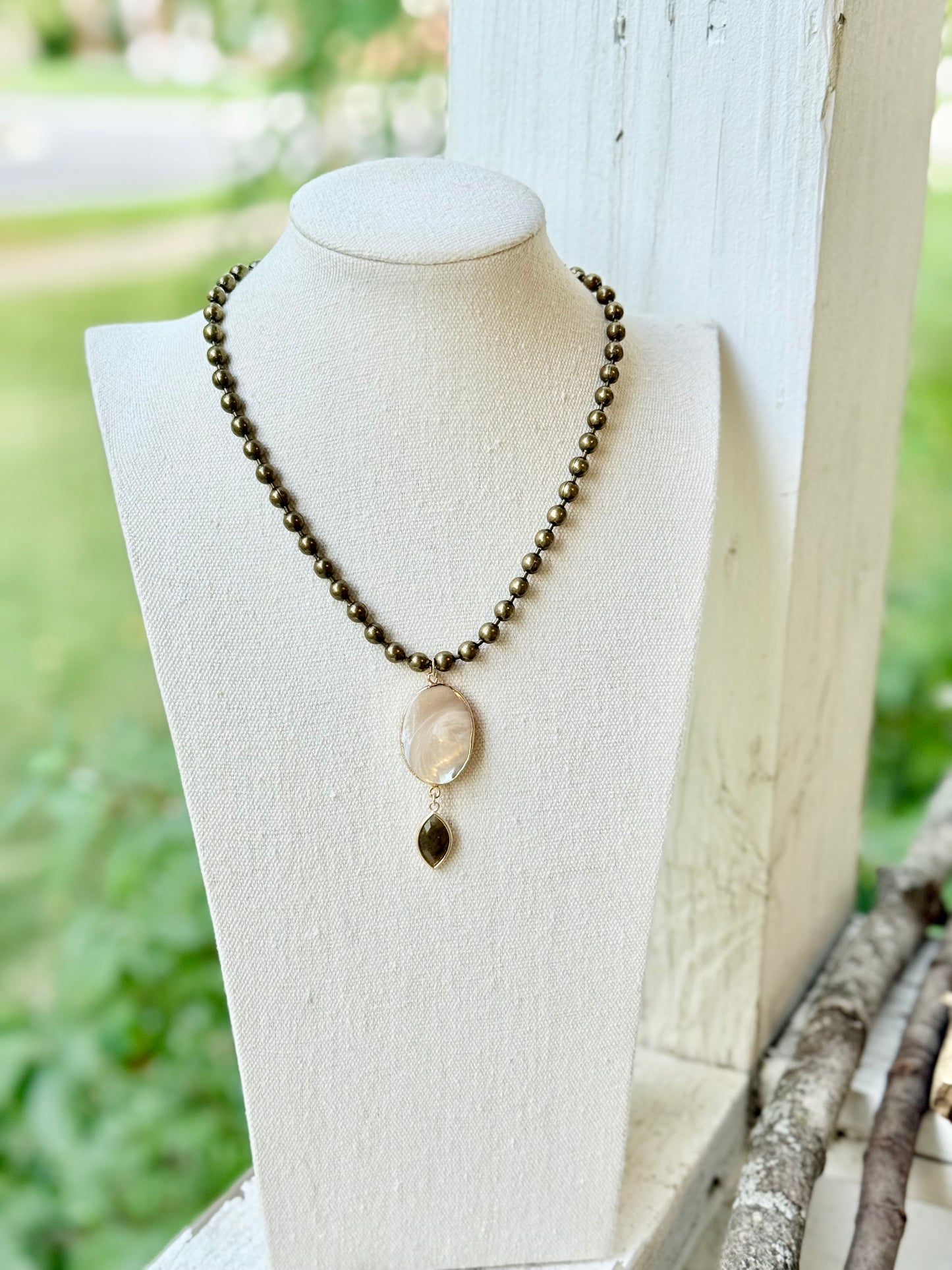 Mother of Pearl + Labradorite Antique Brass Ball Chain Necklace