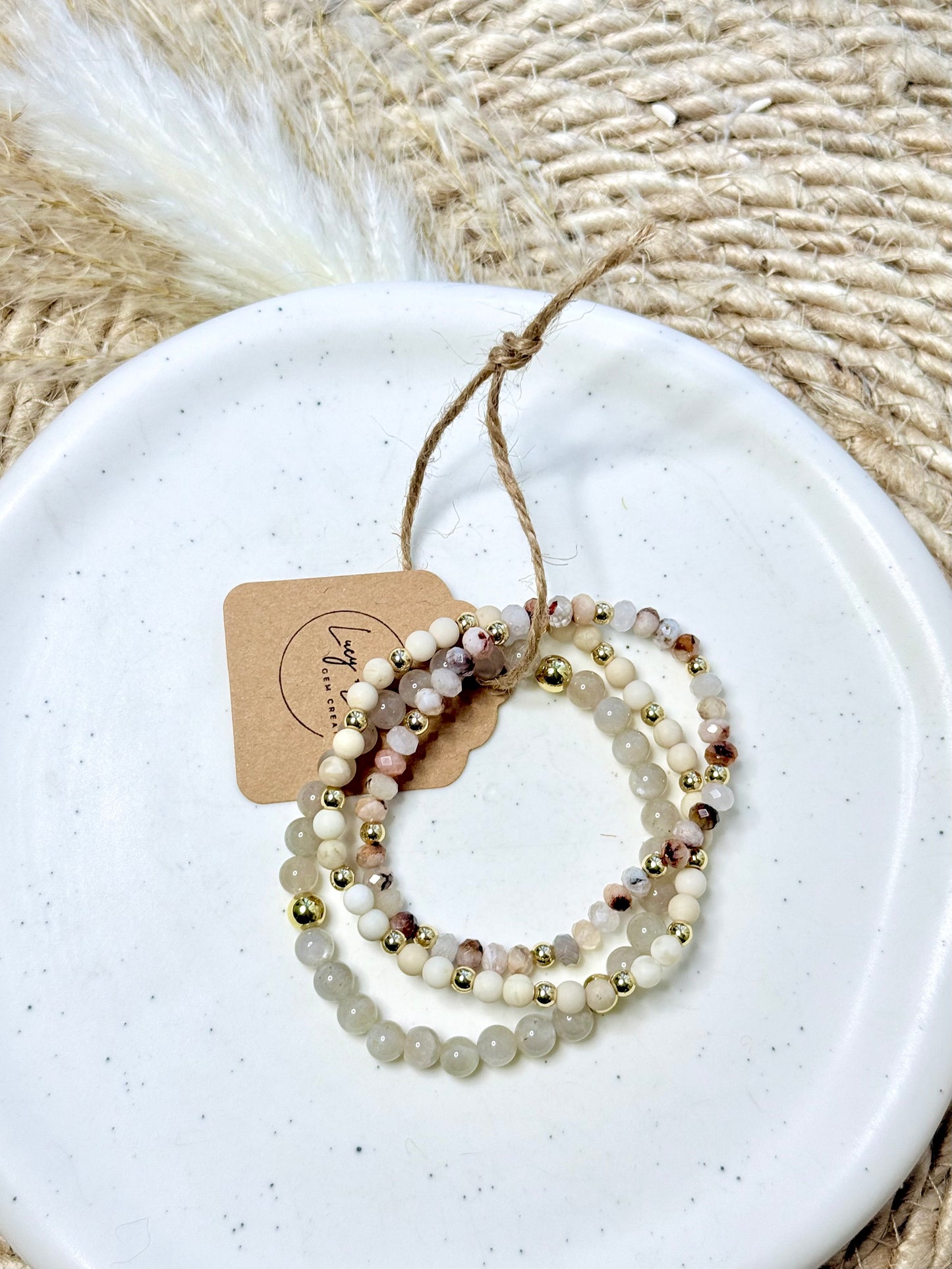 Cherry Blossom Agate + Moonstone in Gold Stack (3-stack)