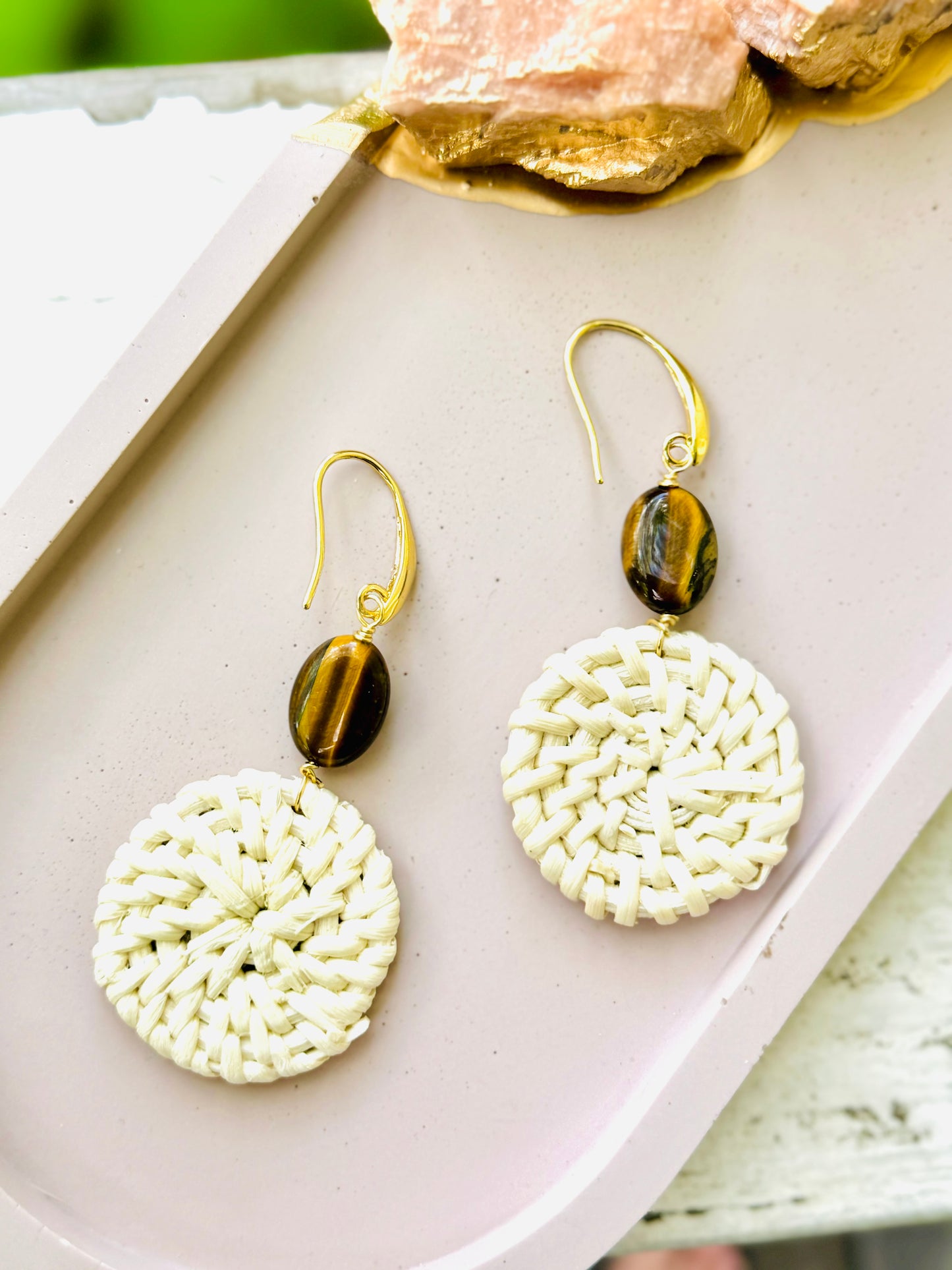 Tiger Eye + Gold Mini Rattan Earrings