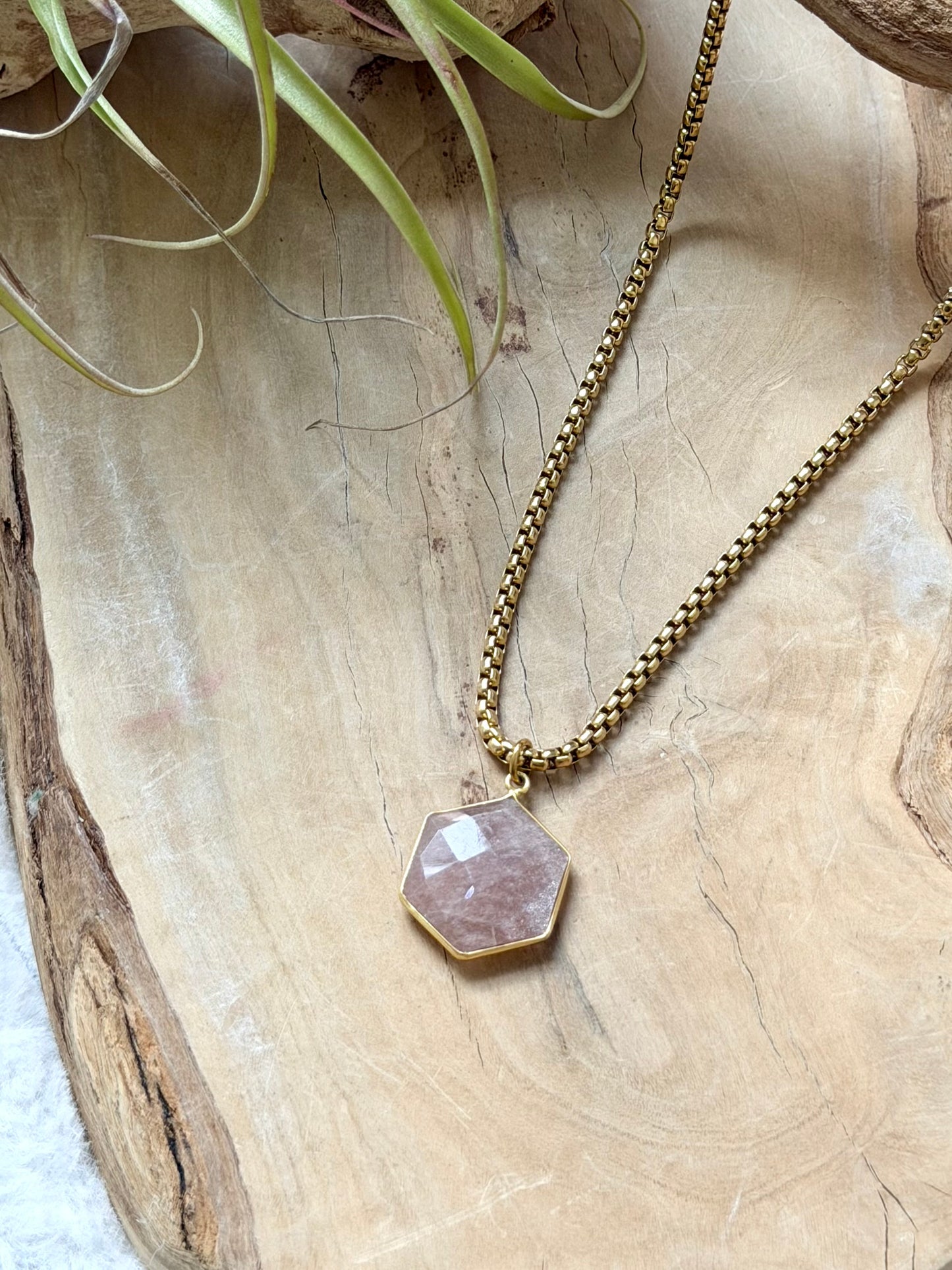 Peach Moonstone Hexagon + Gold Stainless Steel Necklace