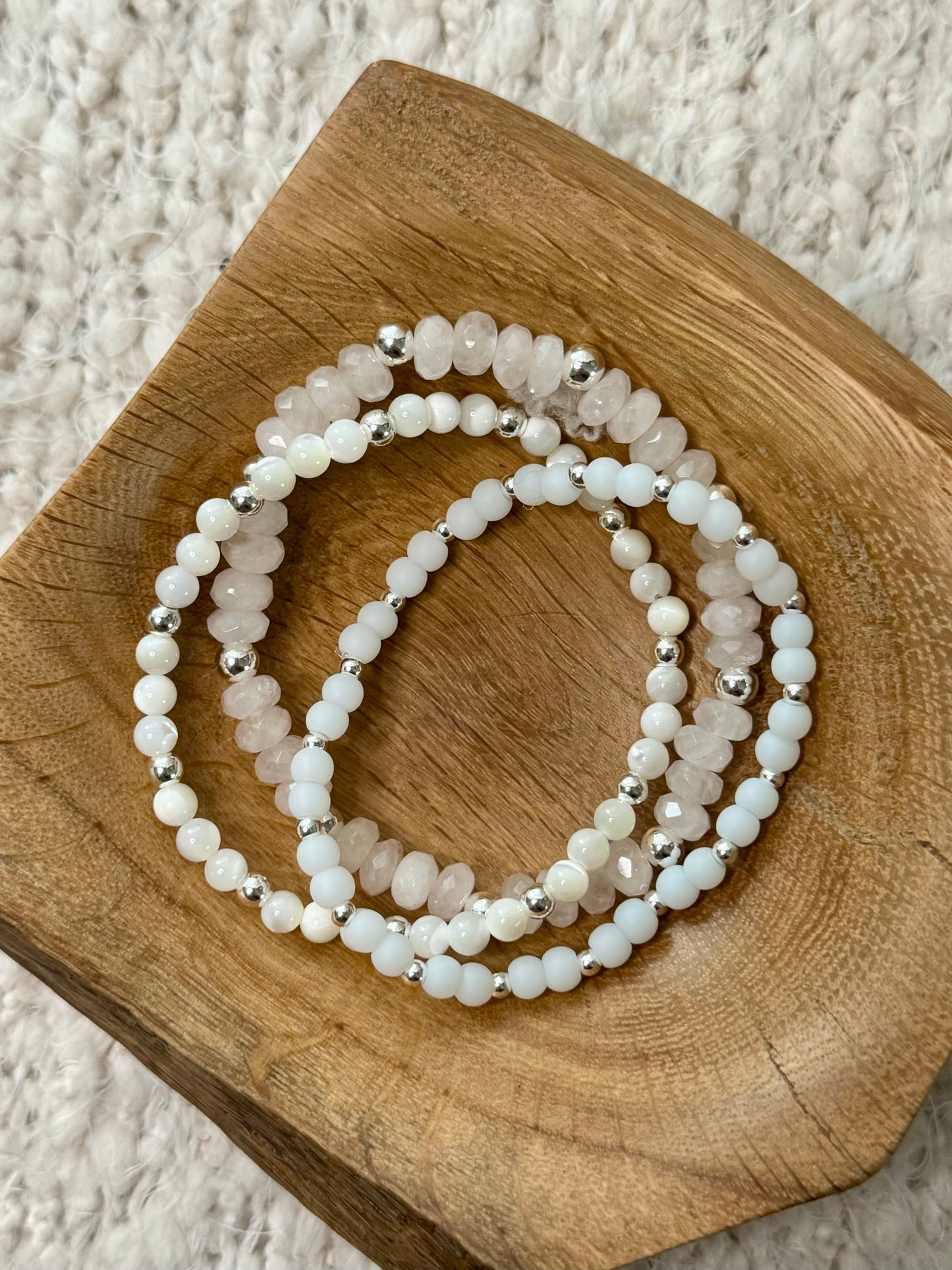 Sea Glass + Rose Quartz in Silver (3-stack)