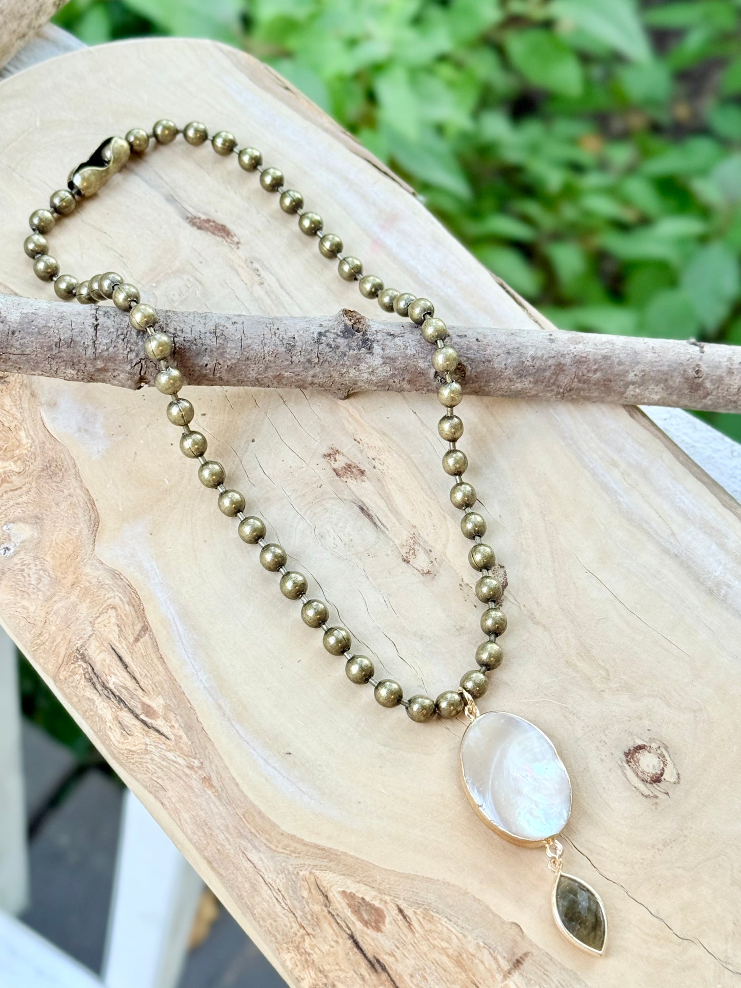 Mother of Pearl + Labradorite Antique Brass Ball Chain Necklace