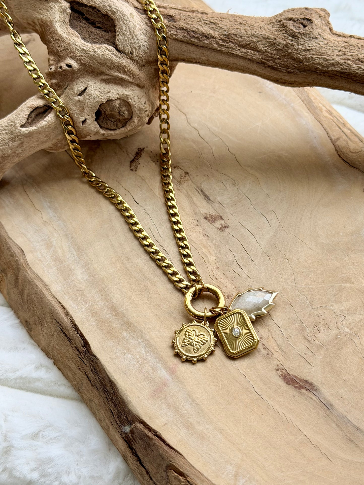 White Moonstone + Butterfly Gold Carabiner Stainless Steel Necklace