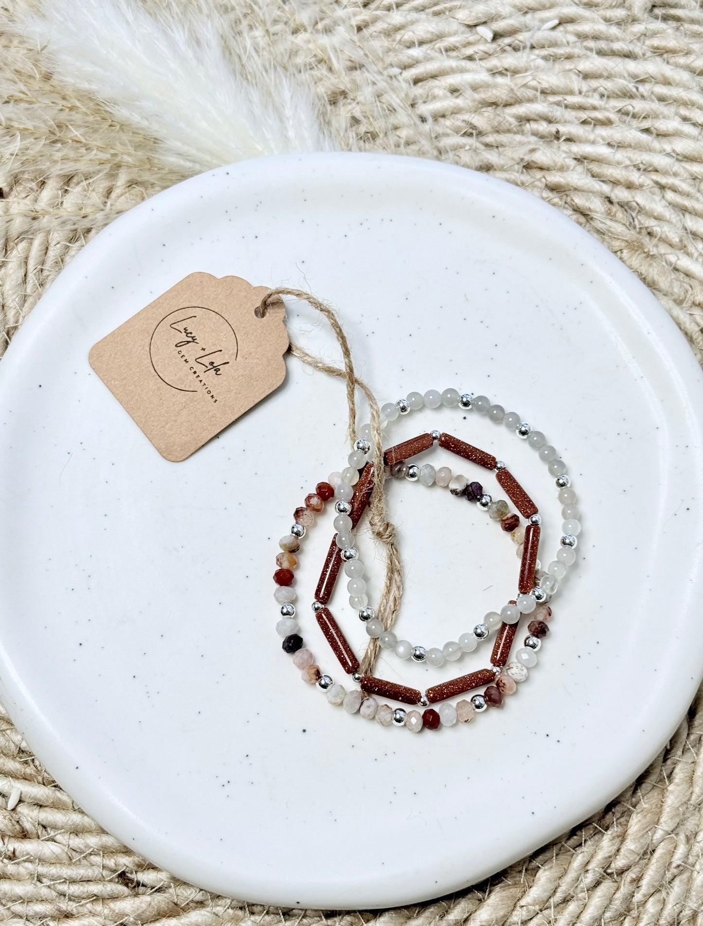 Cherry Agate + Moonstone in Silver Stack (3-stack)