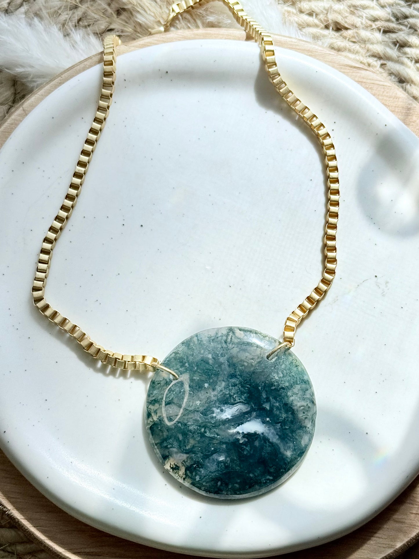 Moss Agate + Matte Gold Box Link Necklace