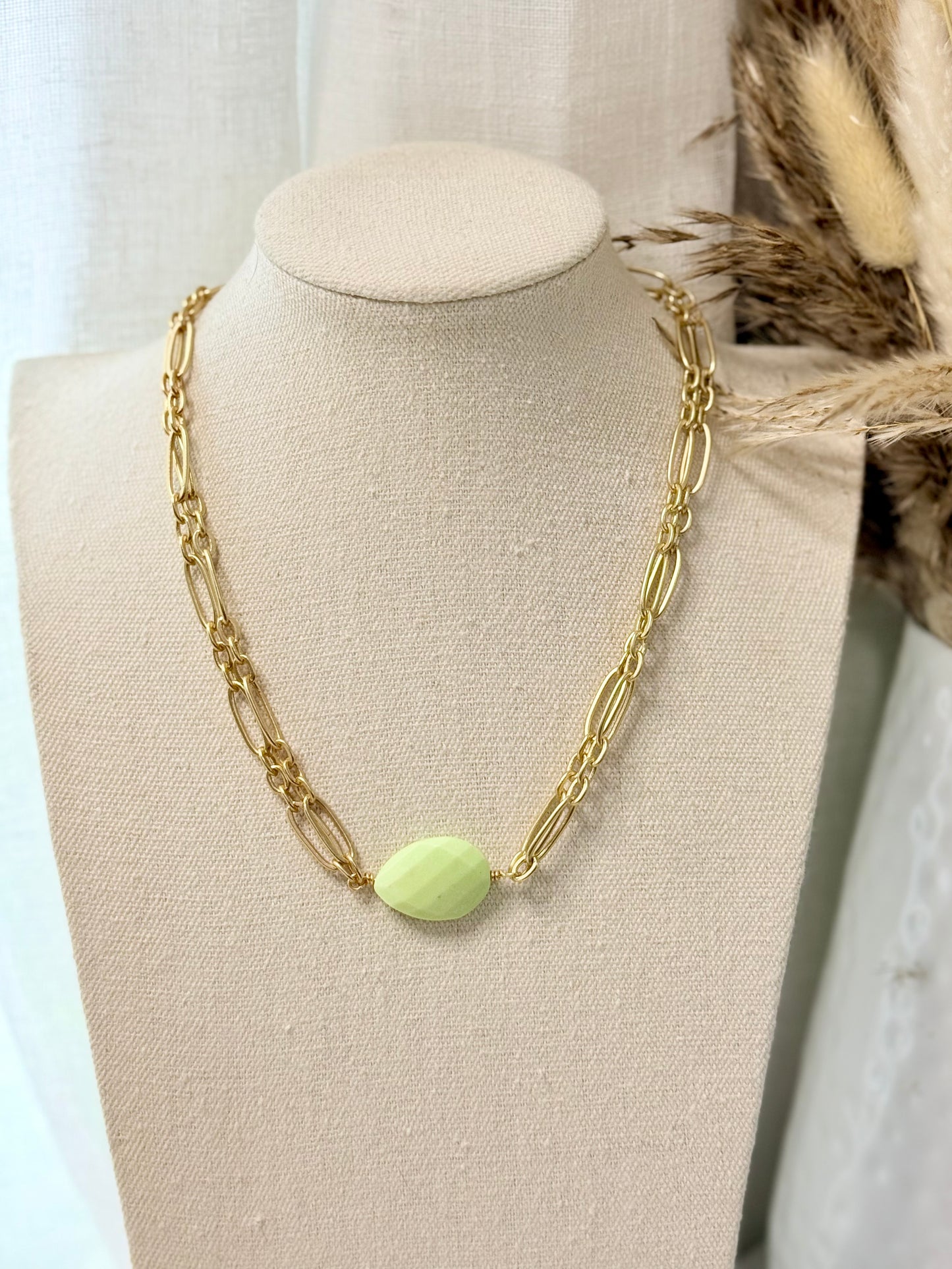 Lemon Chrysoprase + Matte Gold Double Chain Necklace