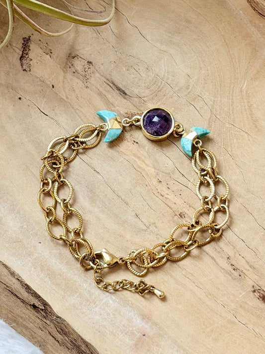 Amethyst + Turquoise Gold Moon Bracelet