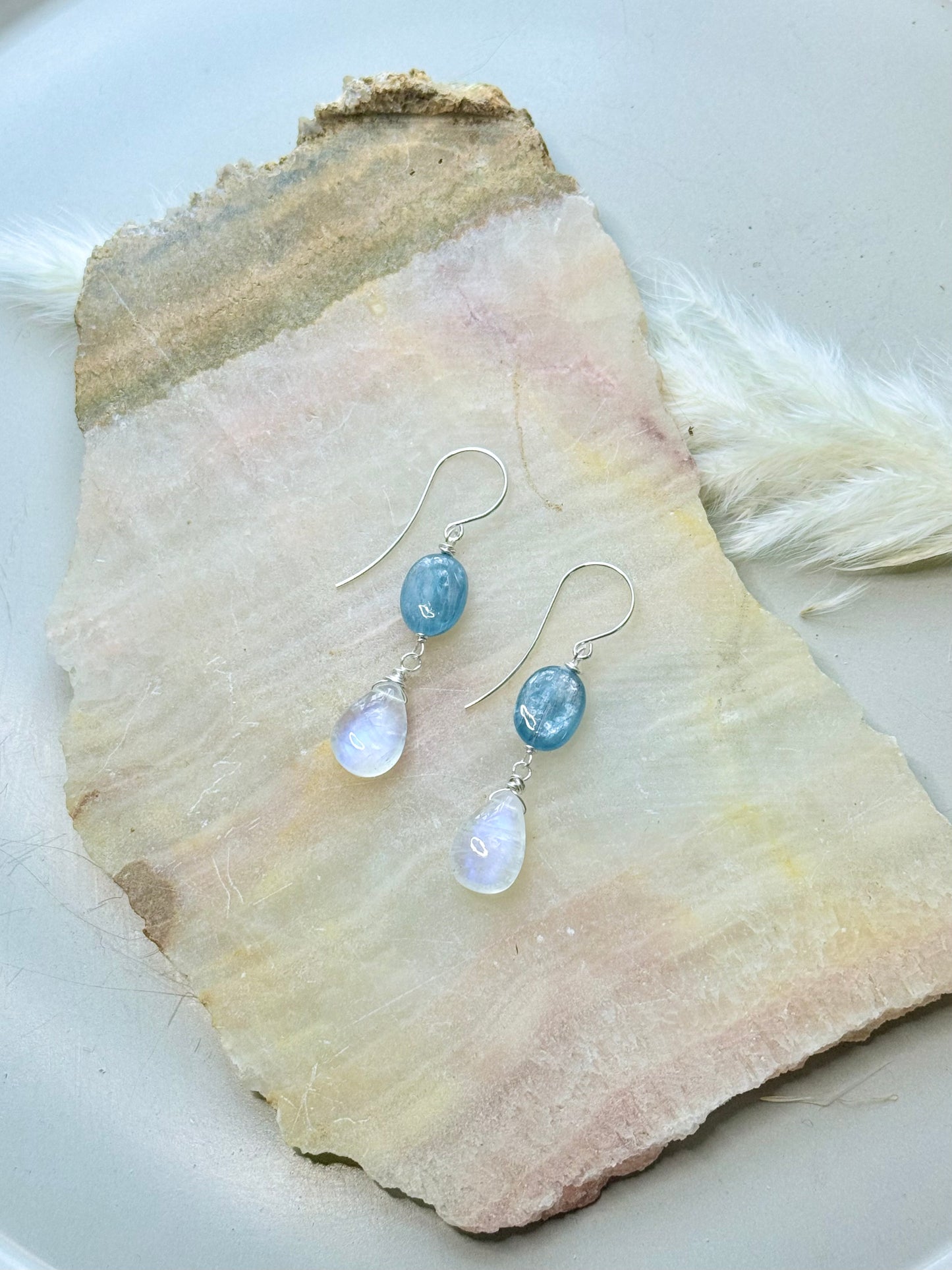 Kyanite + Rainbow Moonstone Silver Earrings
