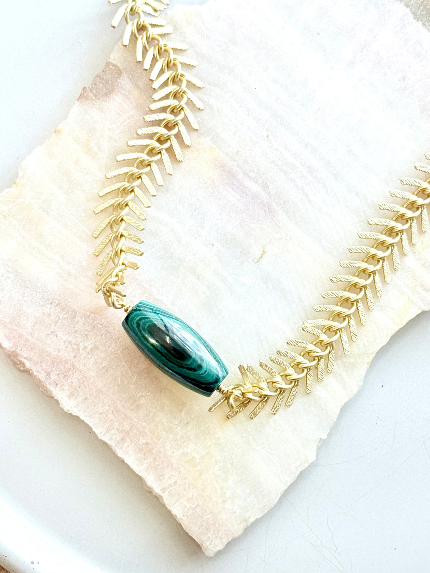 Malachite + Matte Gold Fishbone Chain Necklace