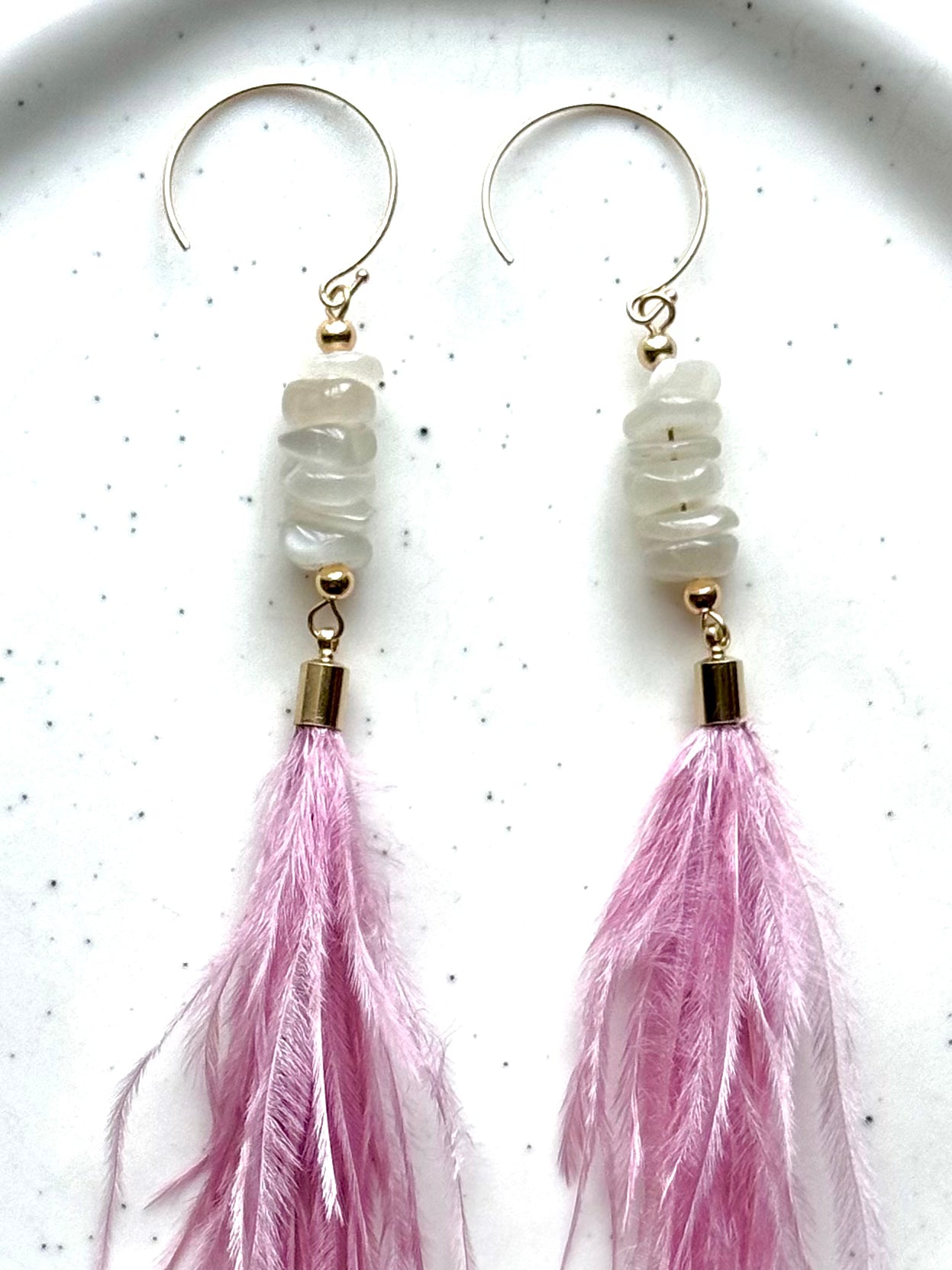 White Moonstone + Gold Pink Feather Earrings