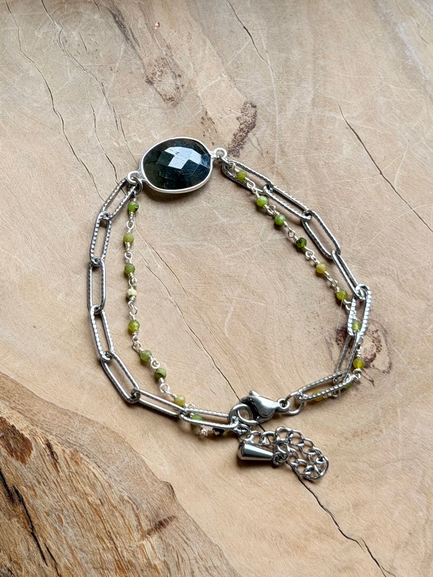 Labradorite + Green Opal Duet Bracelet in Stainless Steel