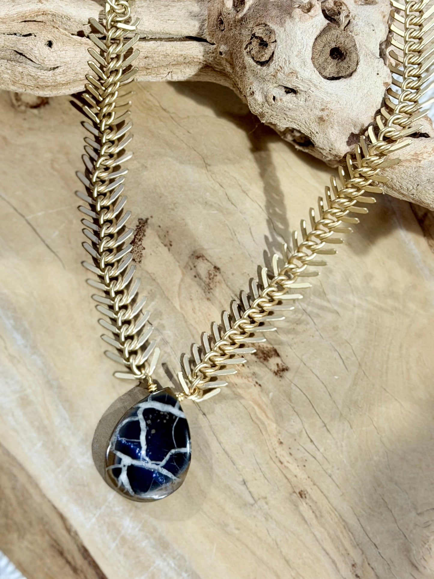 Septarian Fossil + Matte Gold Fishbone Chain Necklace