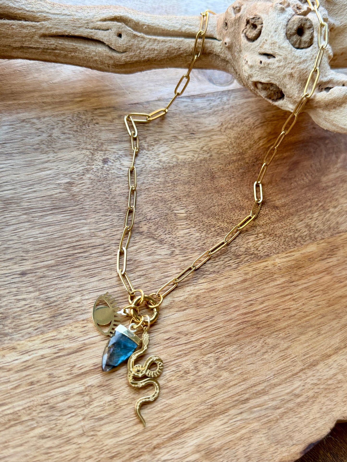 Labradorite + Gold Stainless Steel Carabiner Charm Necklace