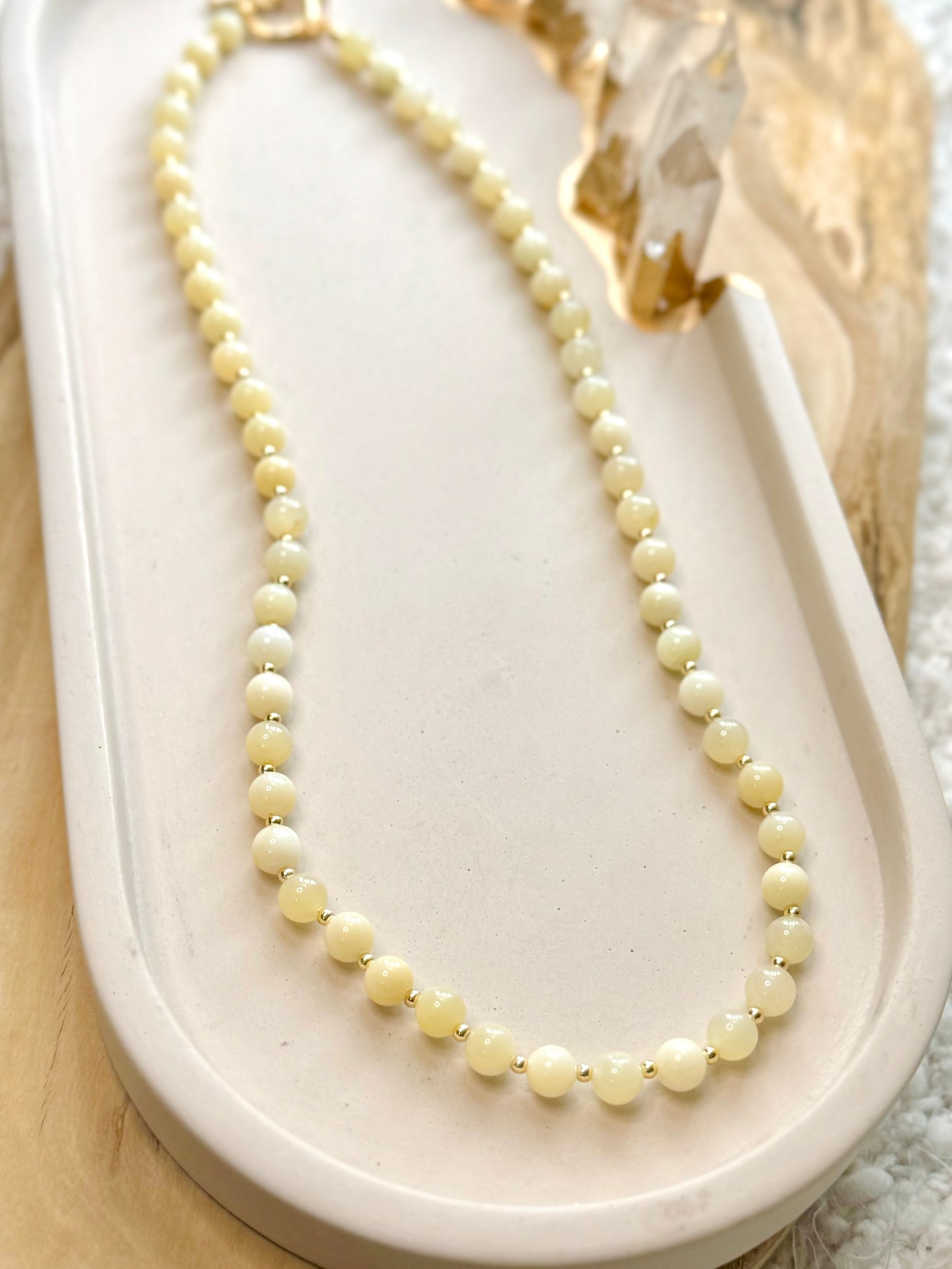 Milky Green Opal + Gold Beaded Necklace