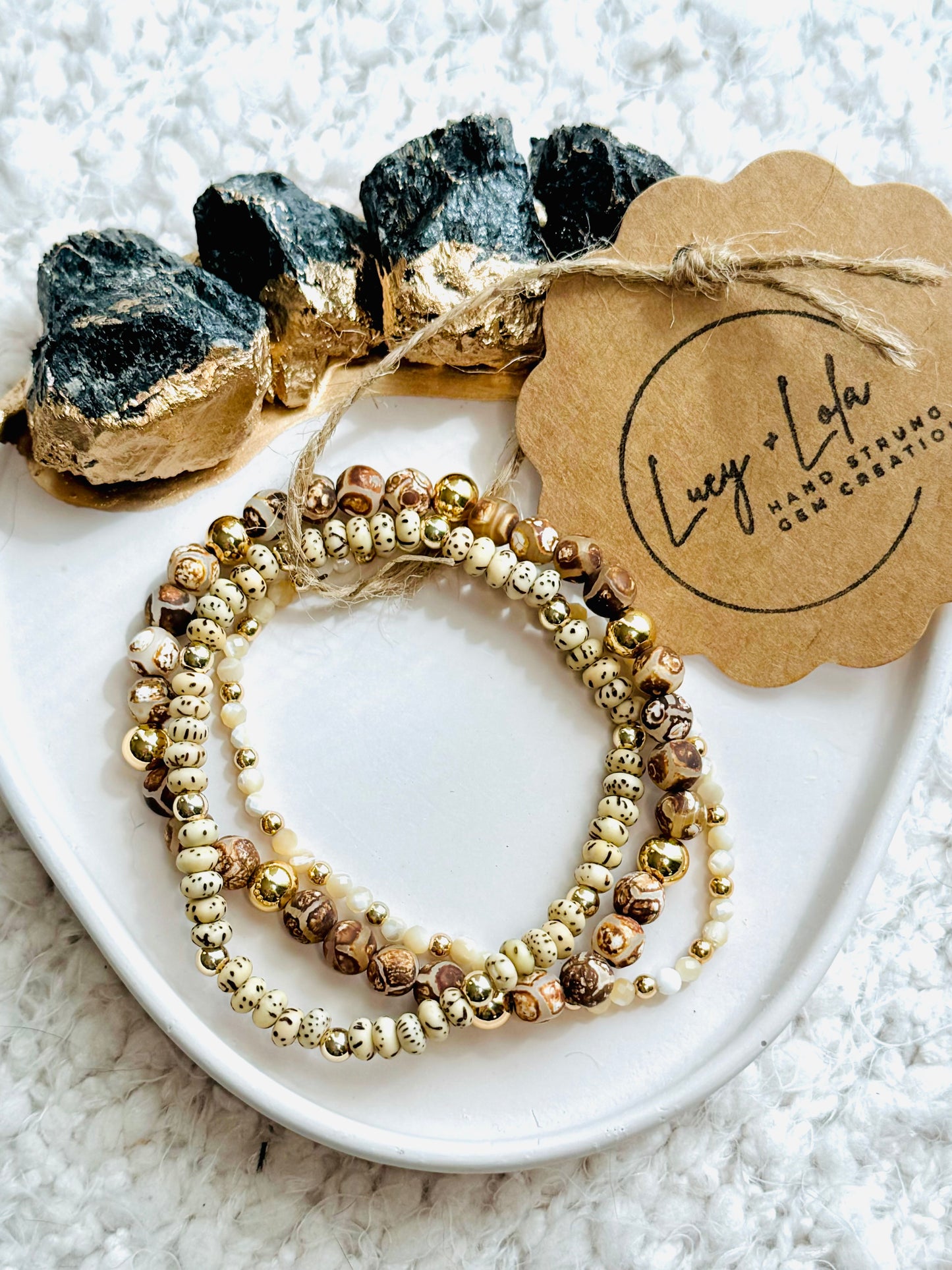 Tibetan Agate + Gold (3-stack)