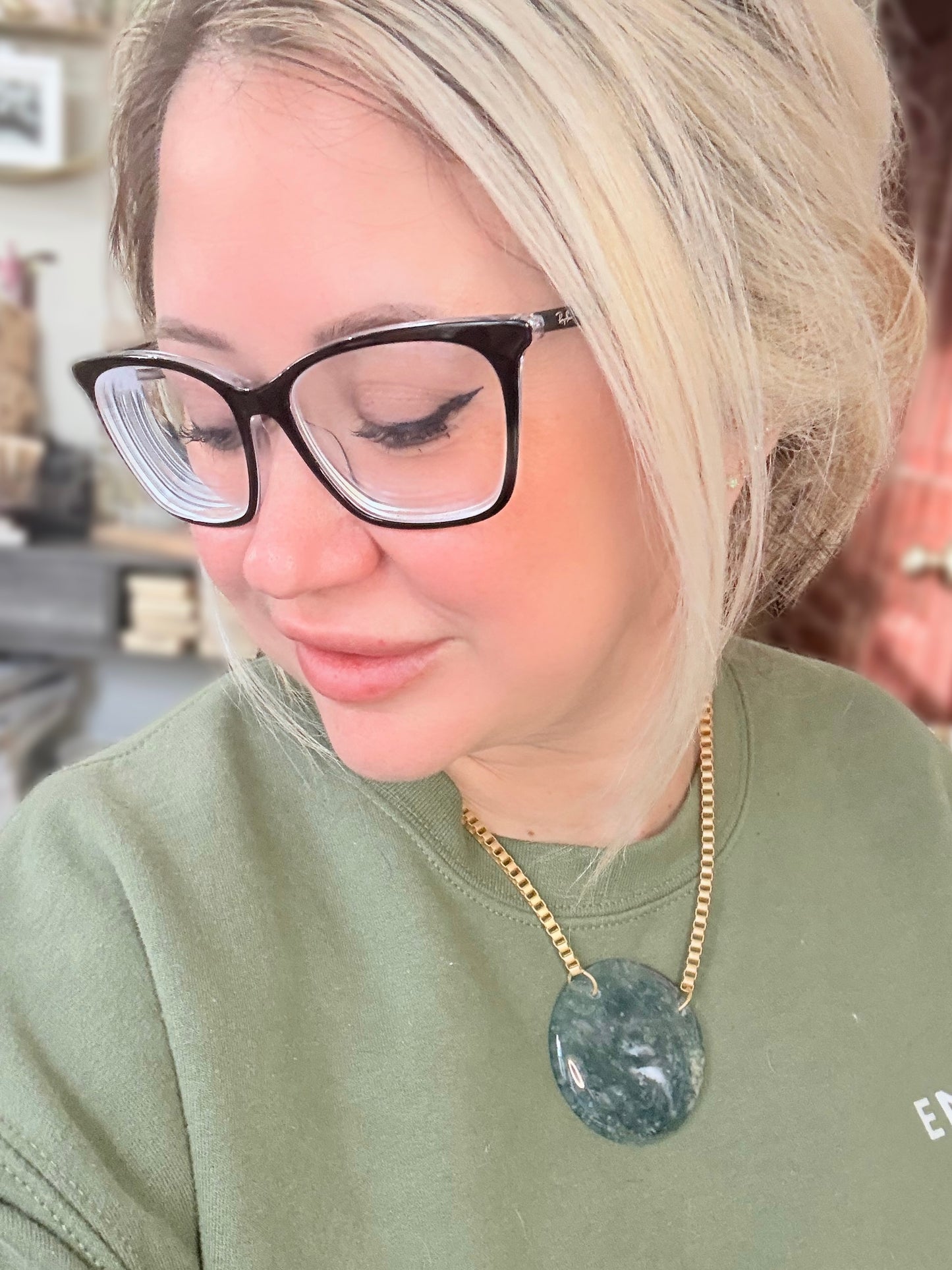 Moss Agate + Matte Gold Box Link Necklace