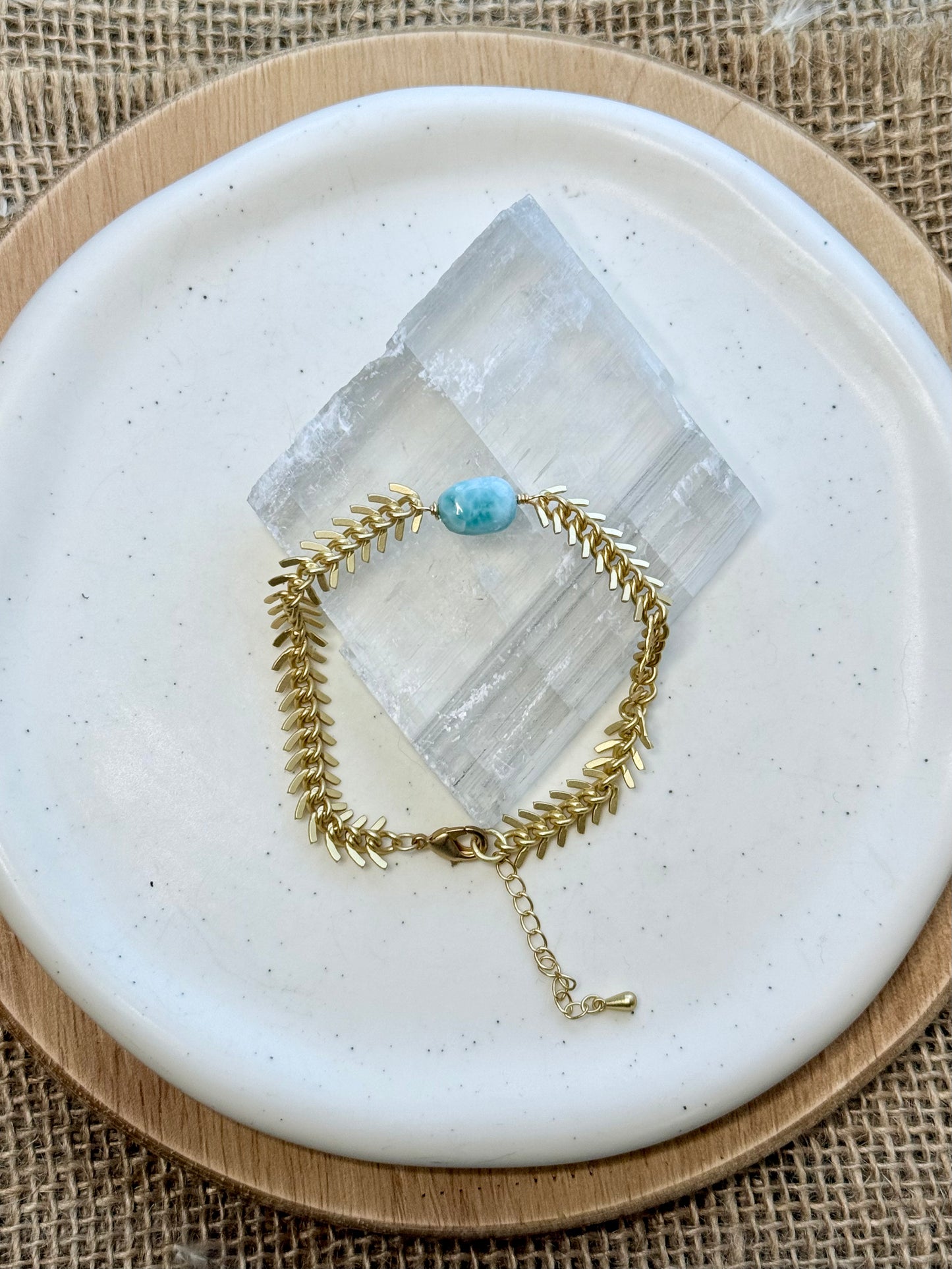 Larimar + Matte Gold Fishbone Chain Bracelet