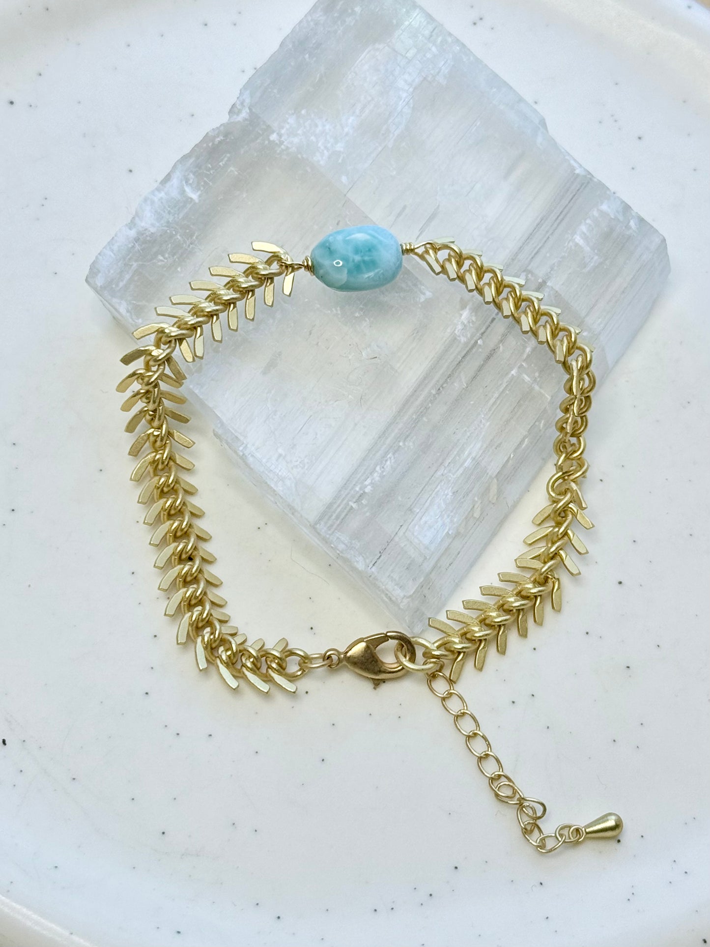 Larimar + Matte Gold Fishbone Chain Bracelet