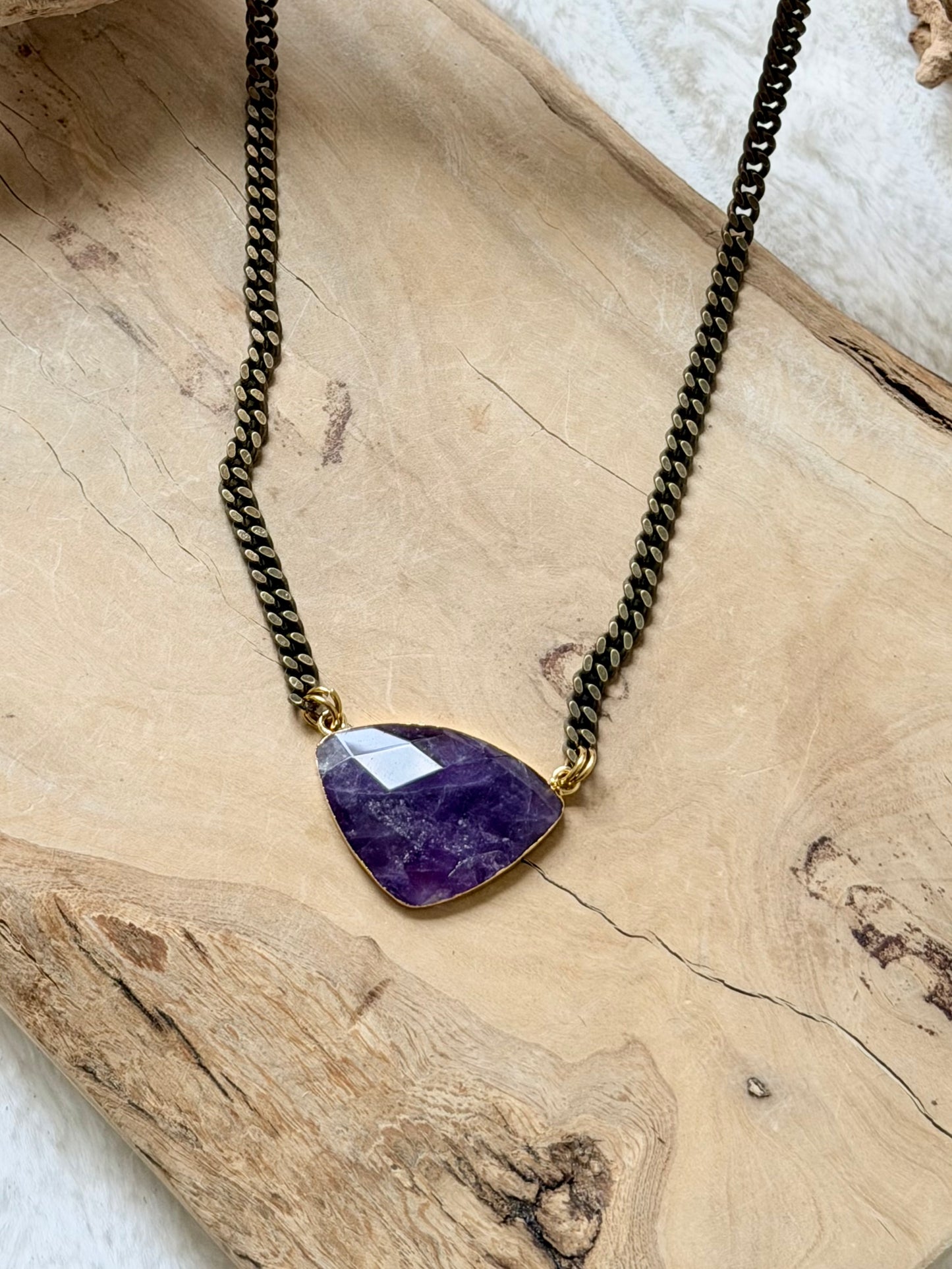 Amethyst + Antique Brass Necklace