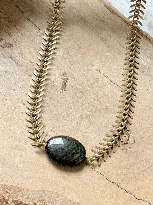 Golden Obsidian + Matte Gold Fishbone Necklace