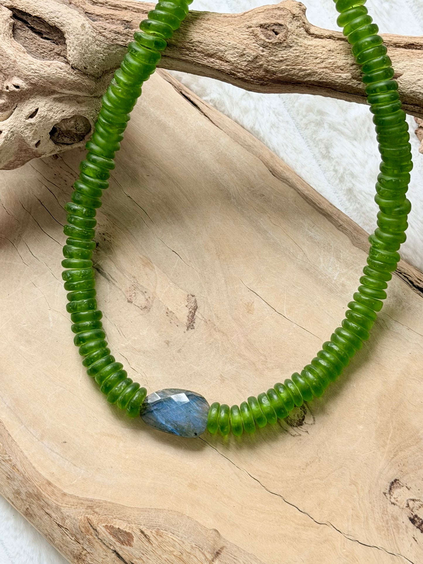 Blue Labradorite + Lime Green African Glass Chunky Necklace