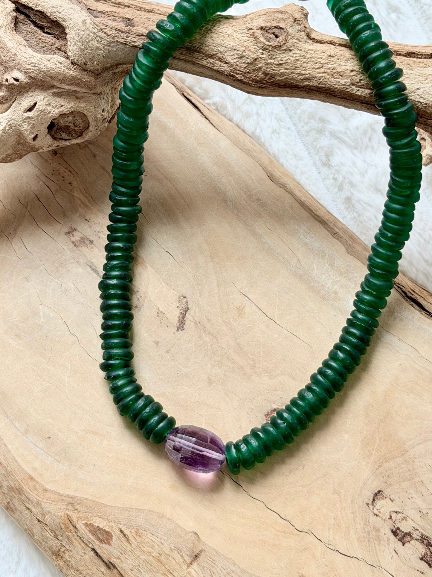 Amethyst + Forest Green African Glass Chunky Necklace